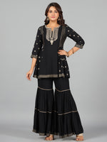 Thumbnail for Juniper Women Black Rayon Printed Kurta, Sharara & Dupatta Set - Distacart