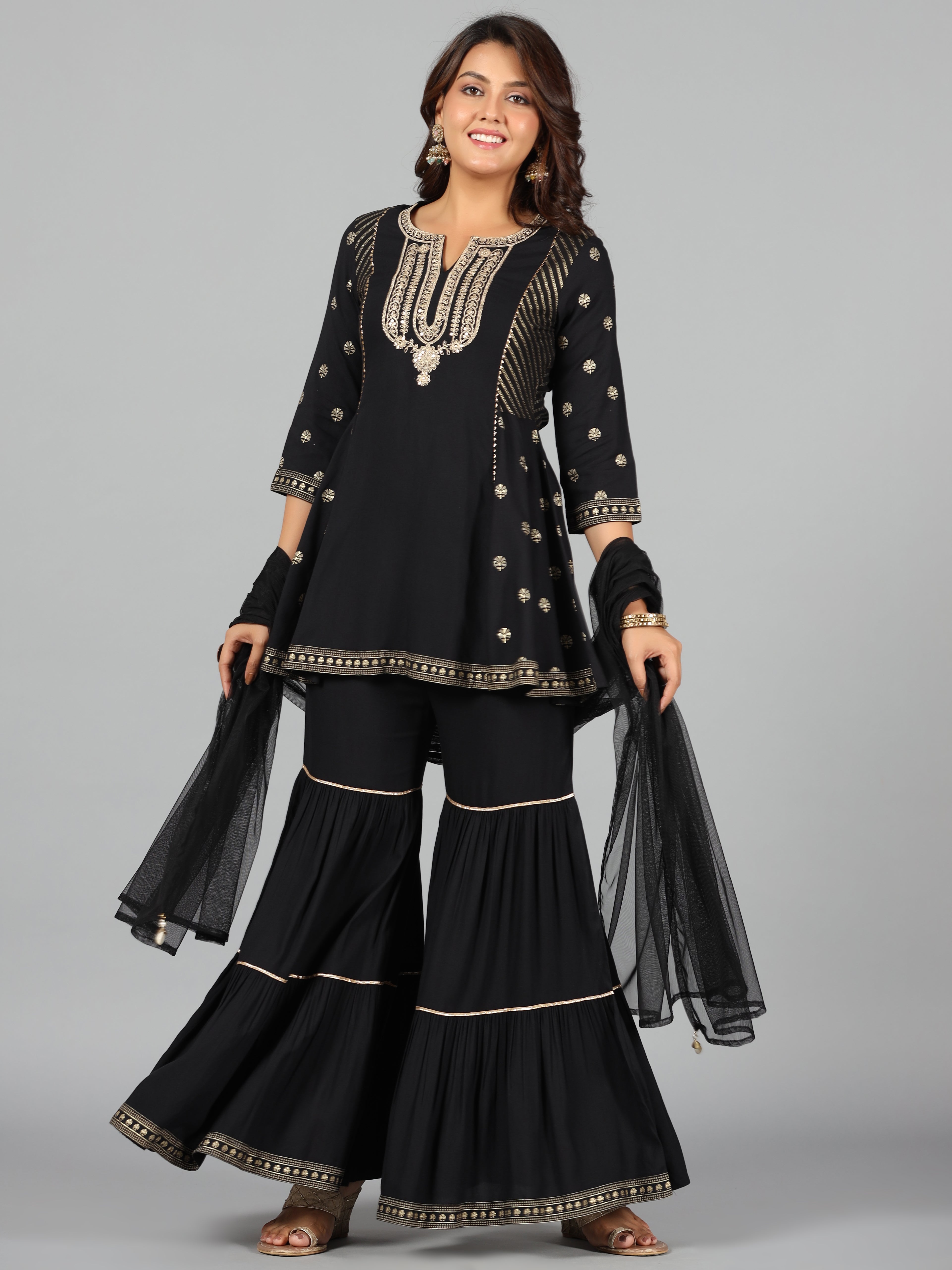 Juniper Women Black Rayon Printed Kurta, Sharara & Dupatta Set - Distacart