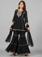 Thumbnail for Juniper Women Black Rayon Printed Kurta, Sharara & Dupatta Set - Distacart