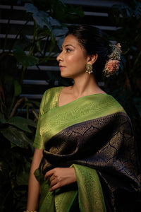 Thumbnail for Vardha Beautiful Oxford Blue Golden Zari Kanjeevaram Silk Saree