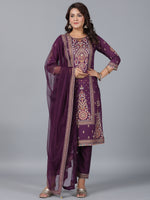 Thumbnail for Juniper Women Purple Chanderi Printed Kurta Pants & Dupatta Set - Distacart
