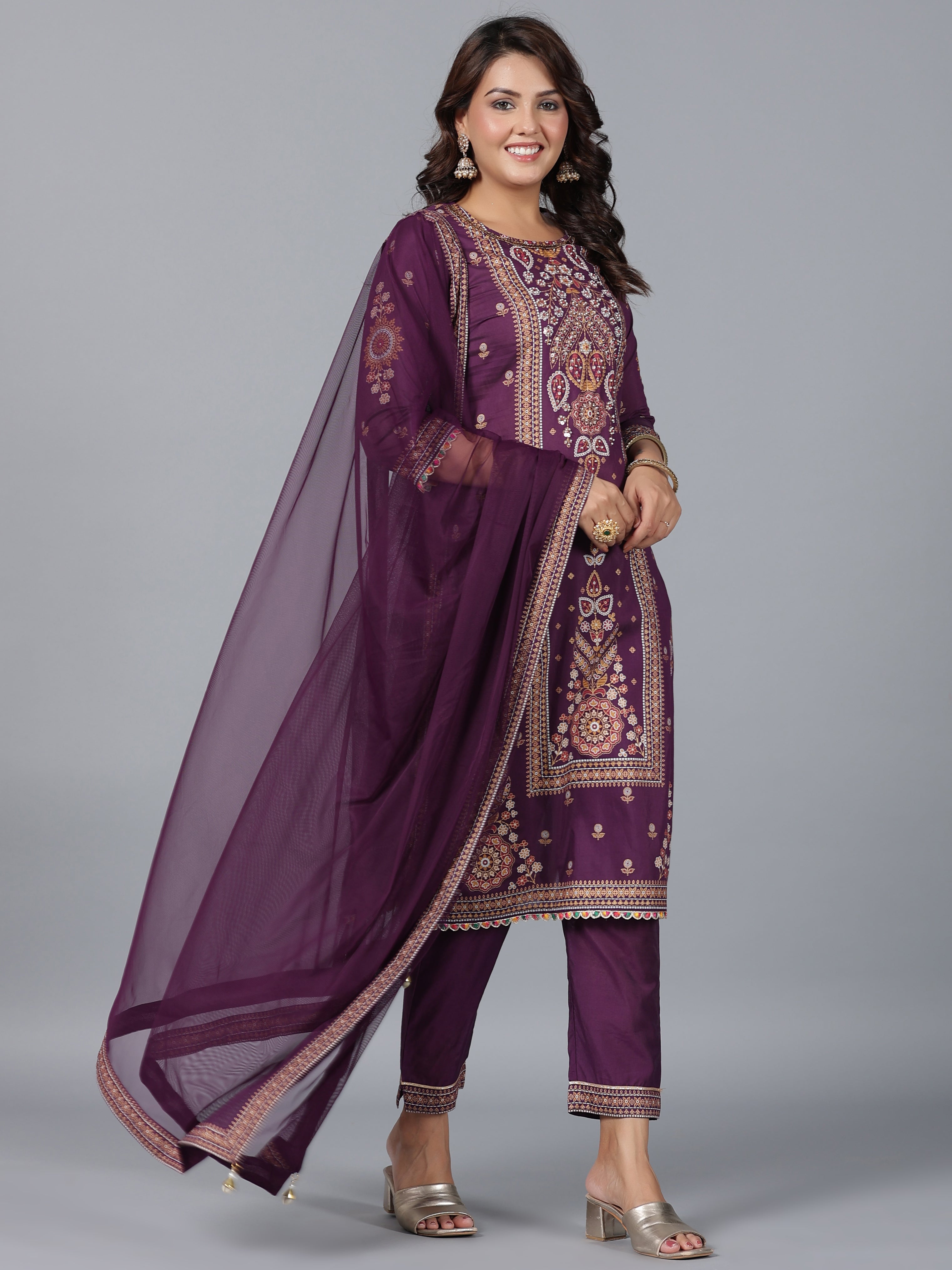 Juniper Women Purple Chanderi Printed Kurta Pants & Dupatta Set - Distacart