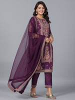 Thumbnail for Juniper Women Purple Chanderi Printed Kurta Pants & Dupatta Set - Distacart