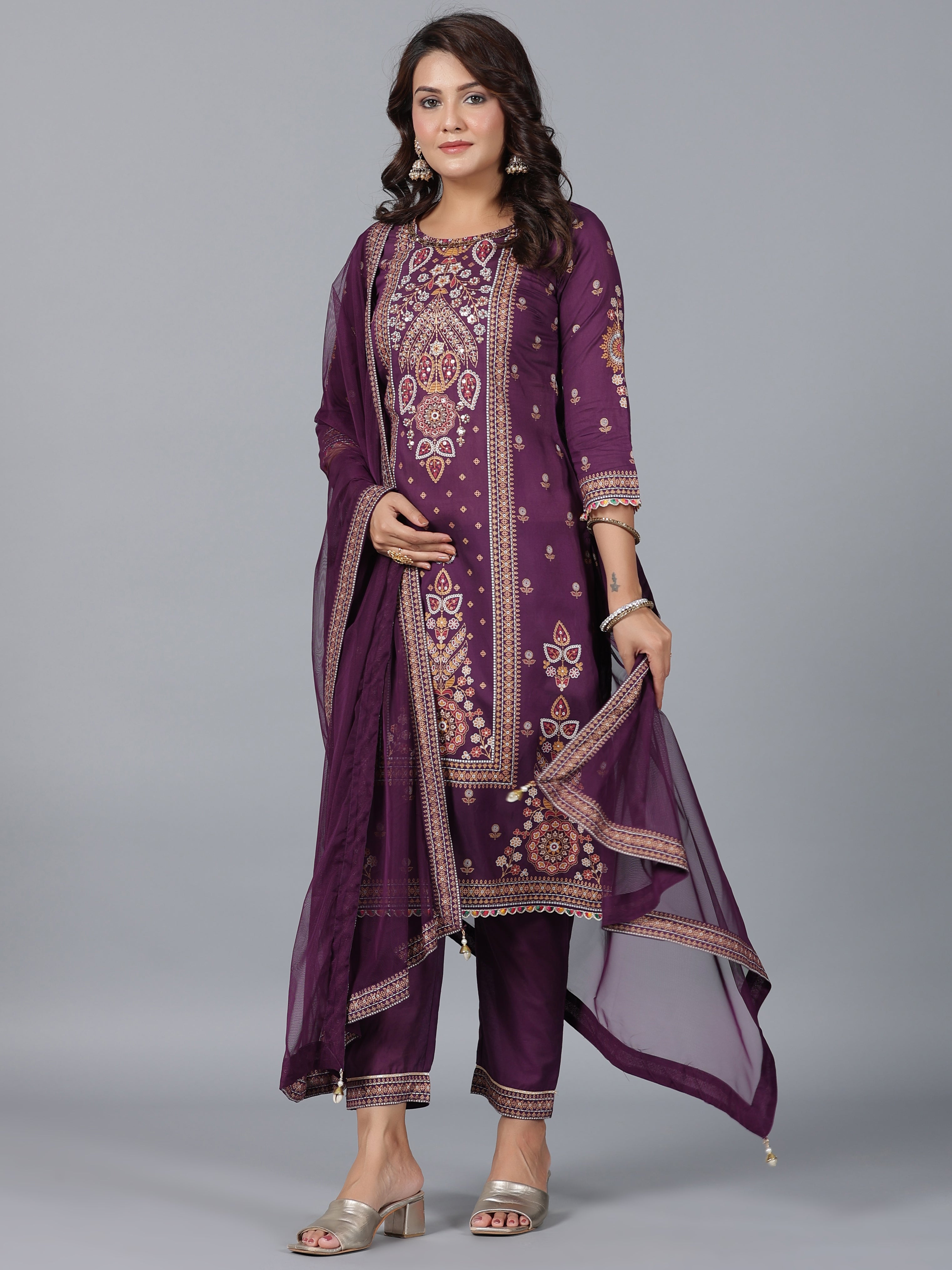 Juniper Women Purple Chanderi Printed Kurta Pants & Dupatta Set - Distacart