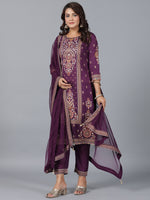Thumbnail for Juniper Women Purple Chanderi Printed Kurta Pants & Dupatta Set - Distacart