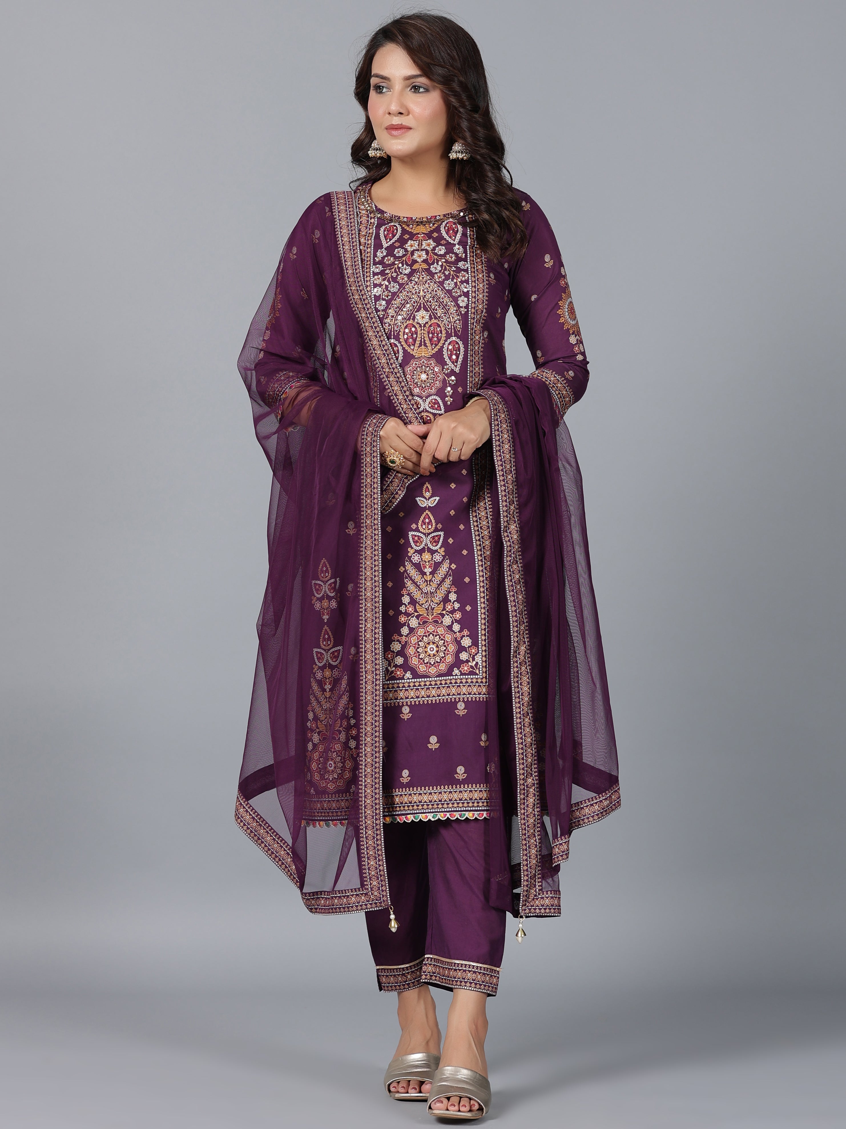 Juniper Women Purple Chanderi Printed Kurta Pants & Dupatta Set - Distacart