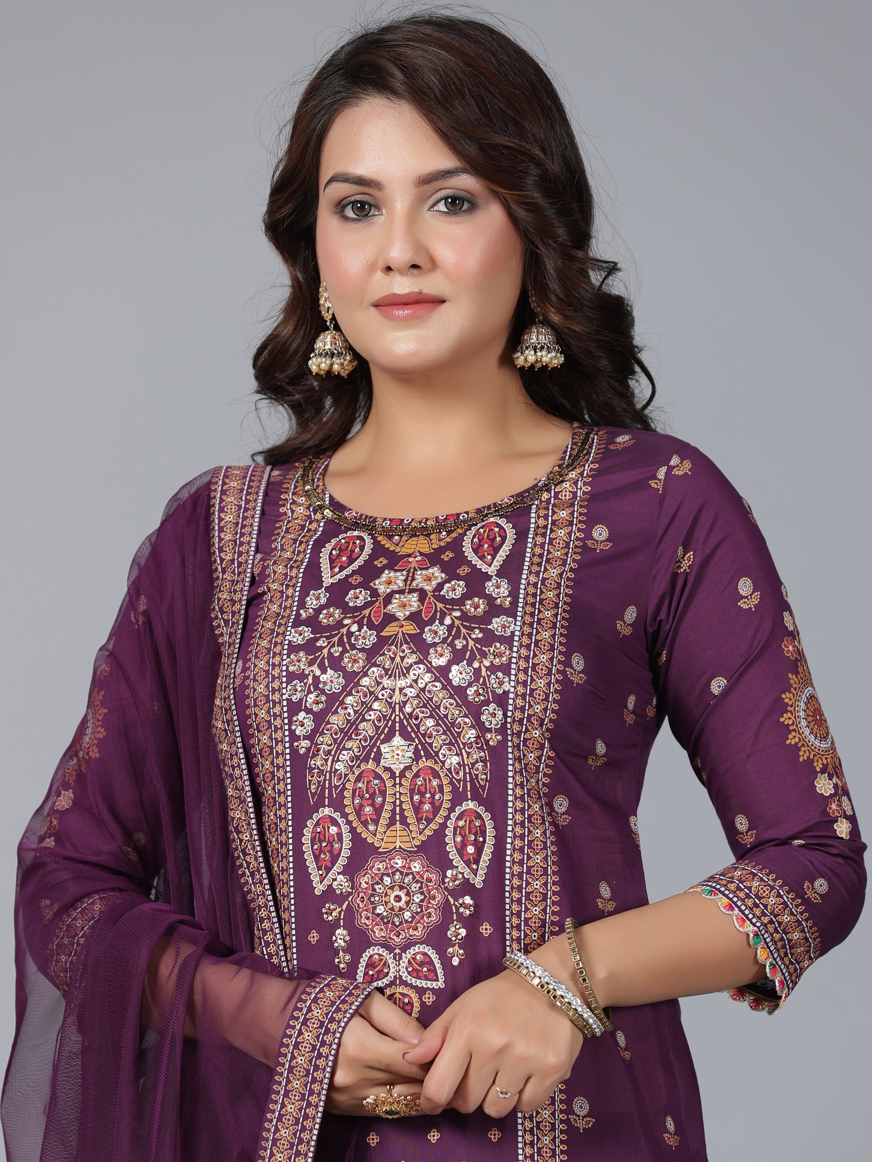 Juniper Women Purple Chanderi Printed Kurta Pants & Dupatta Set - Distacart