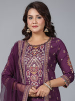 Thumbnail for Juniper Women Purple Chanderi Printed Kurta Pants & Dupatta Set - Distacart