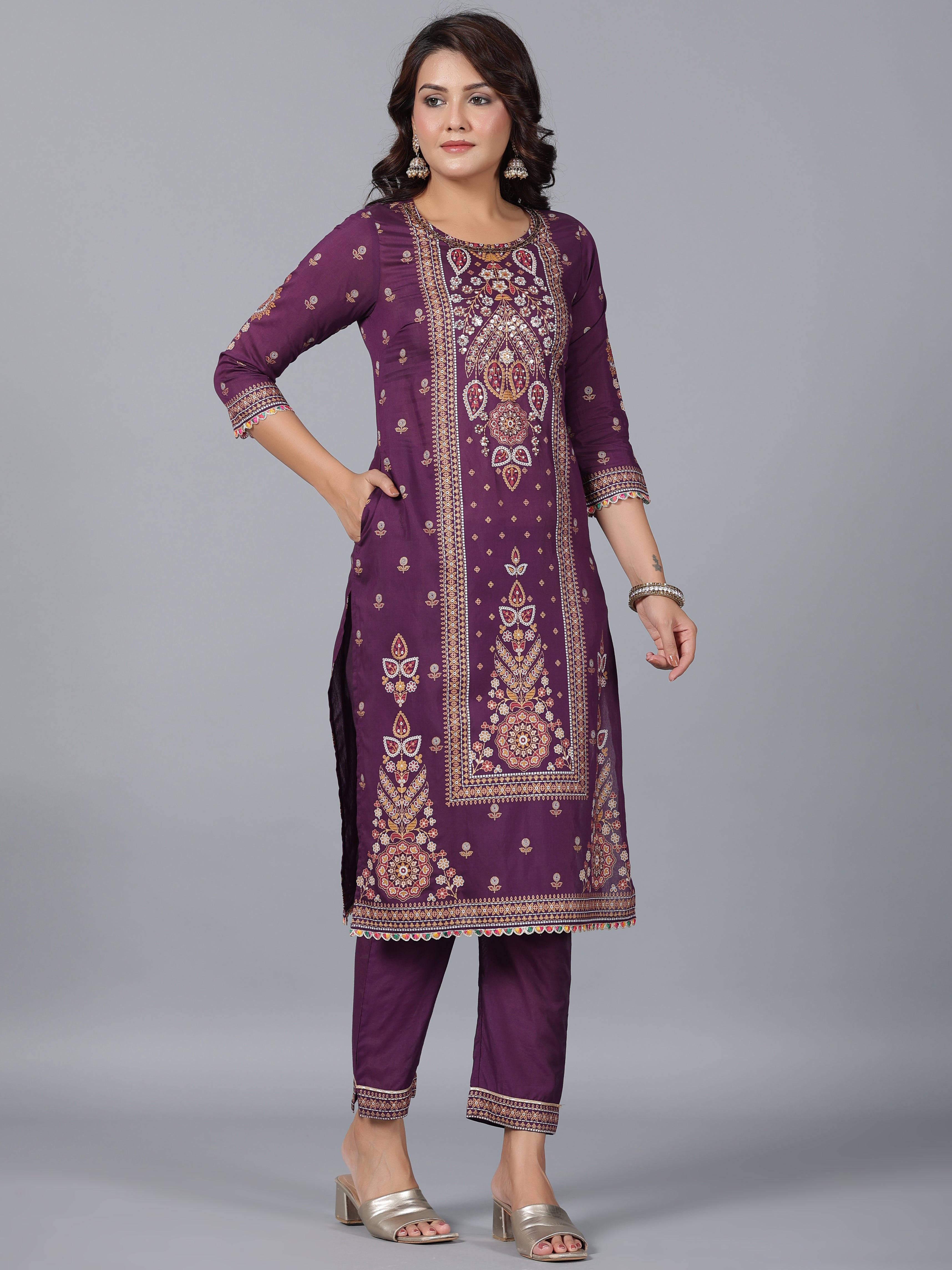 Juniper Women Purple Chanderi Printed Kurta Pants & Dupatta Set - Distacart