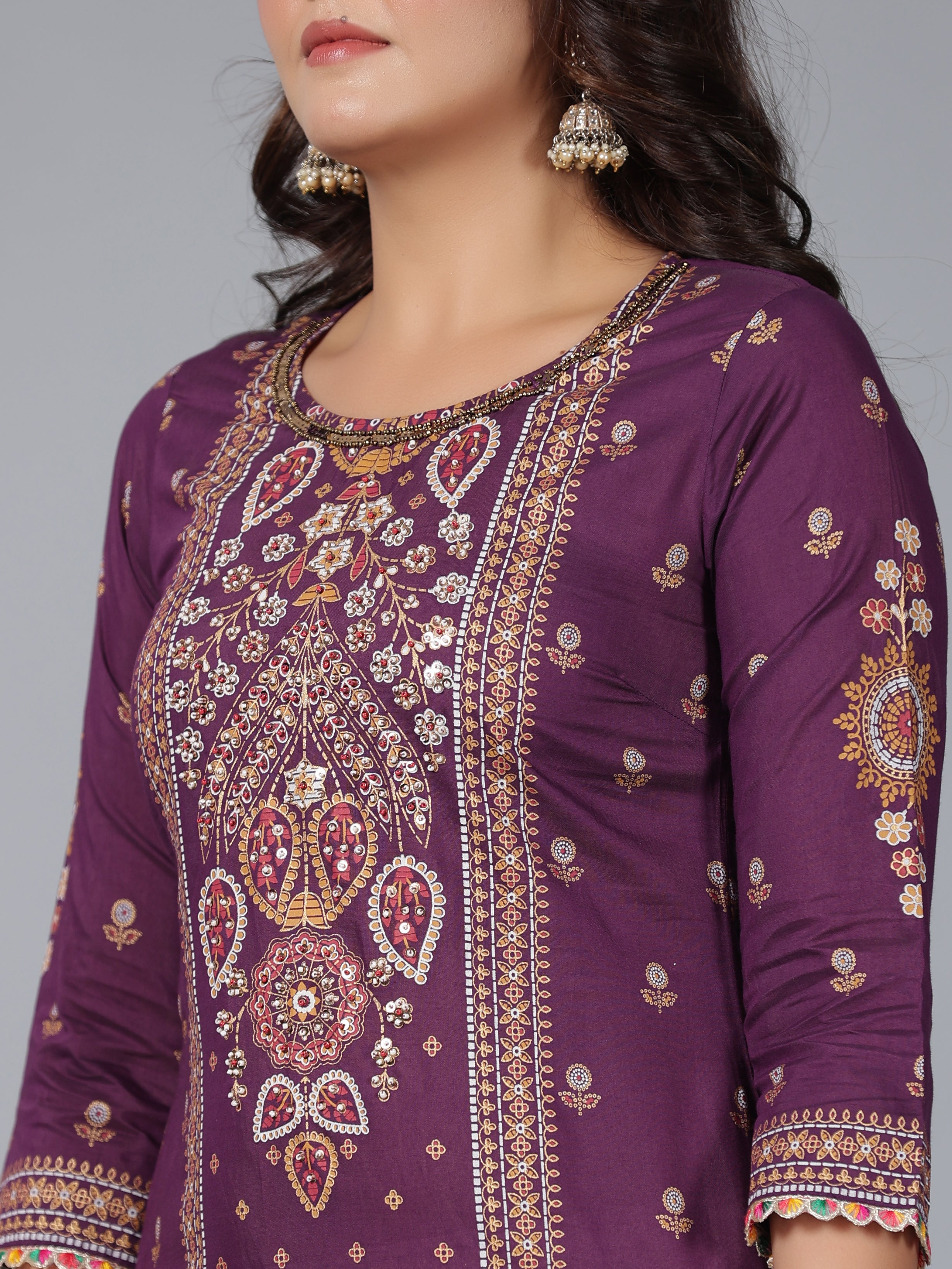 Juniper Women Purple Chanderi Printed Kurta Pants & Dupatta Set - Distacart
