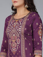 Thumbnail for Juniper Women Purple Chanderi Printed Kurta Pants & Dupatta Set - Distacart