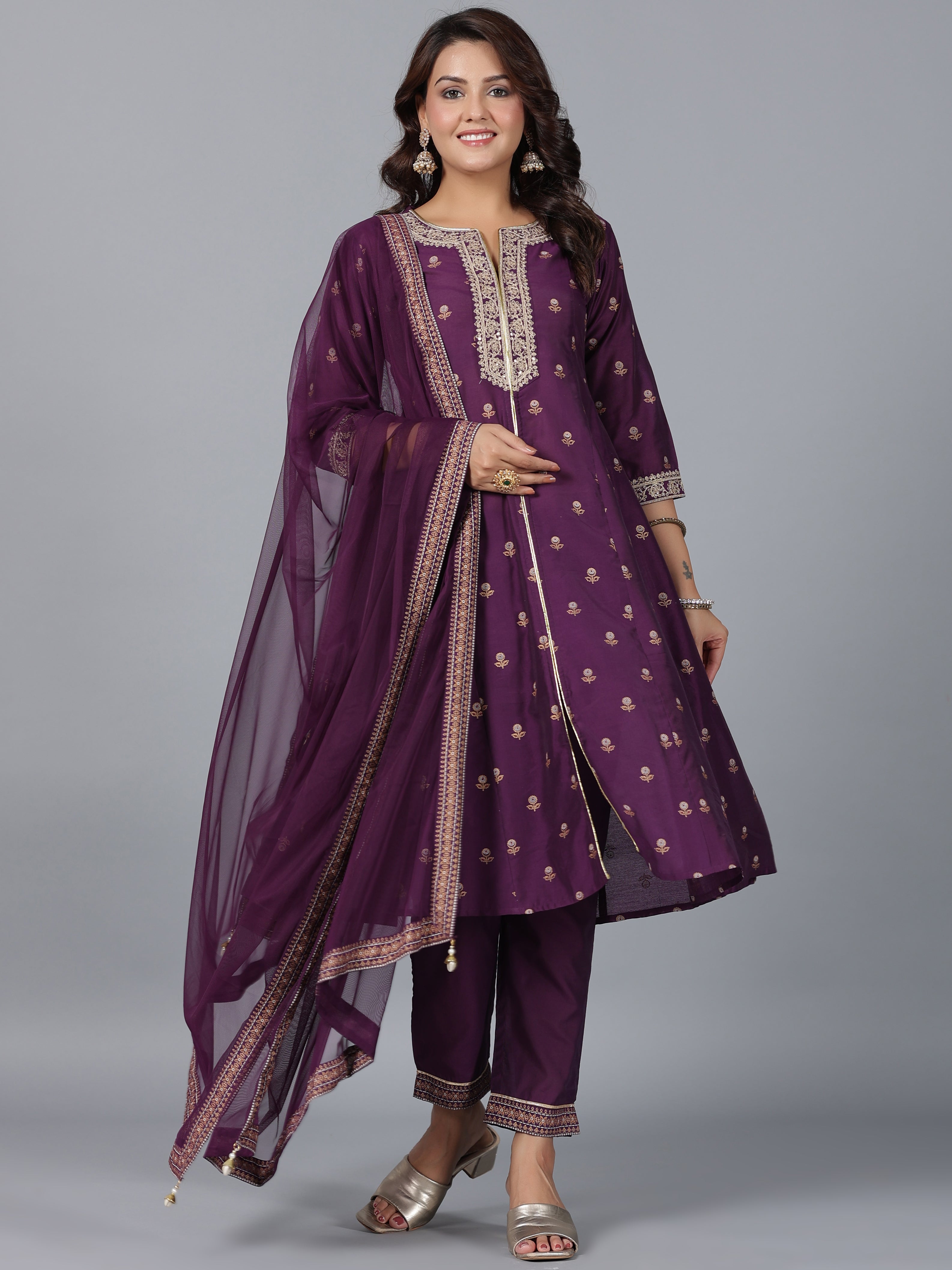 Juniper Women Purple Chanderi Printed with Embroidery Kurta, Pants & Dupatta Sets - Distacart
