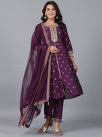Thumbnail for Juniper Women Purple Chanderi Printed with Embroidery Kurta, Pants & Dupatta Sets - Distacart