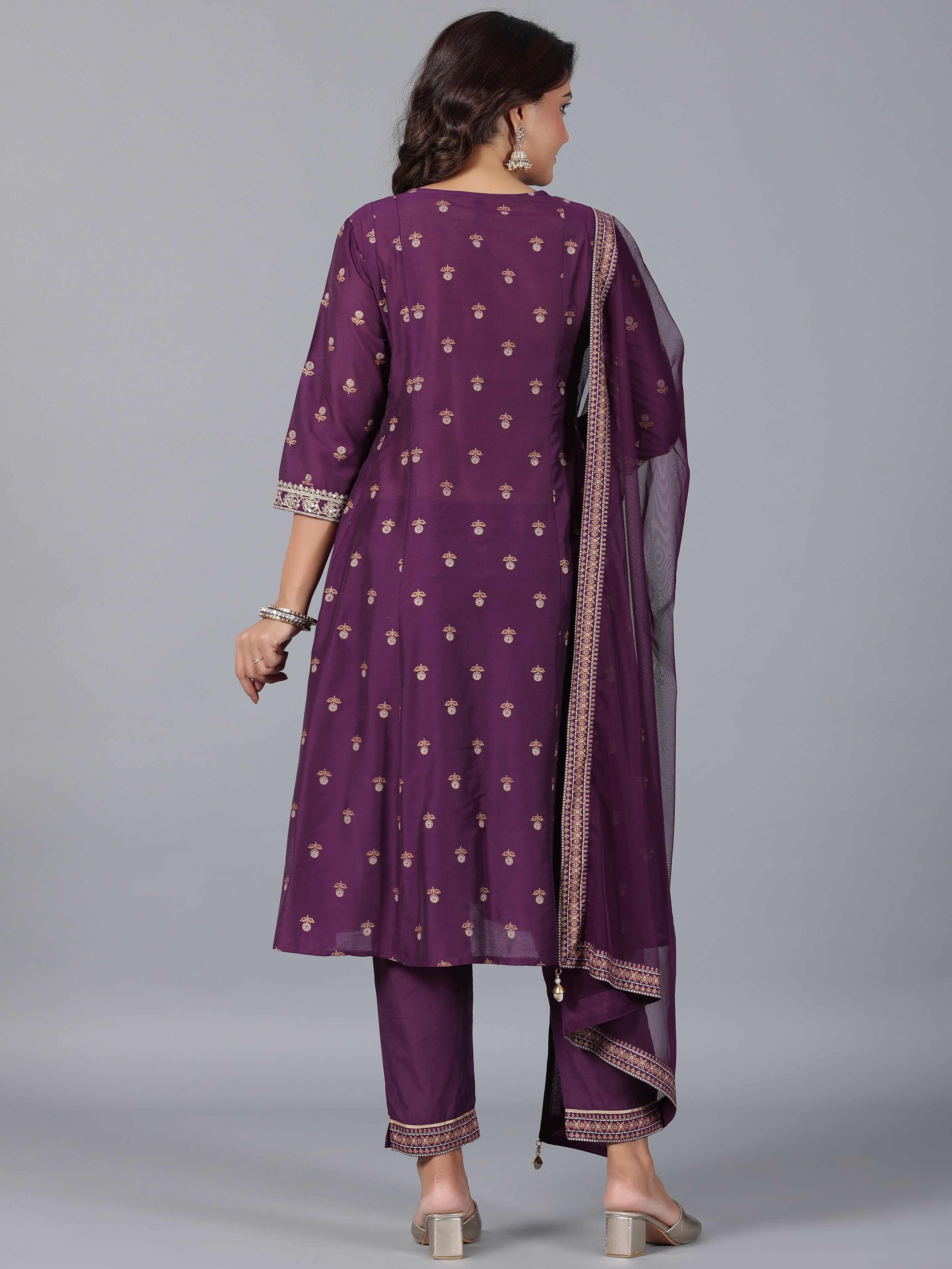 Juniper Women Purple Chanderi Printed with Embroidery Kurta, Pants & Dupatta Sets - Distacart