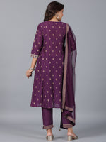 Thumbnail for Juniper Women Purple Chanderi Printed with Embroidery Kurta, Pants & Dupatta Sets - Distacart