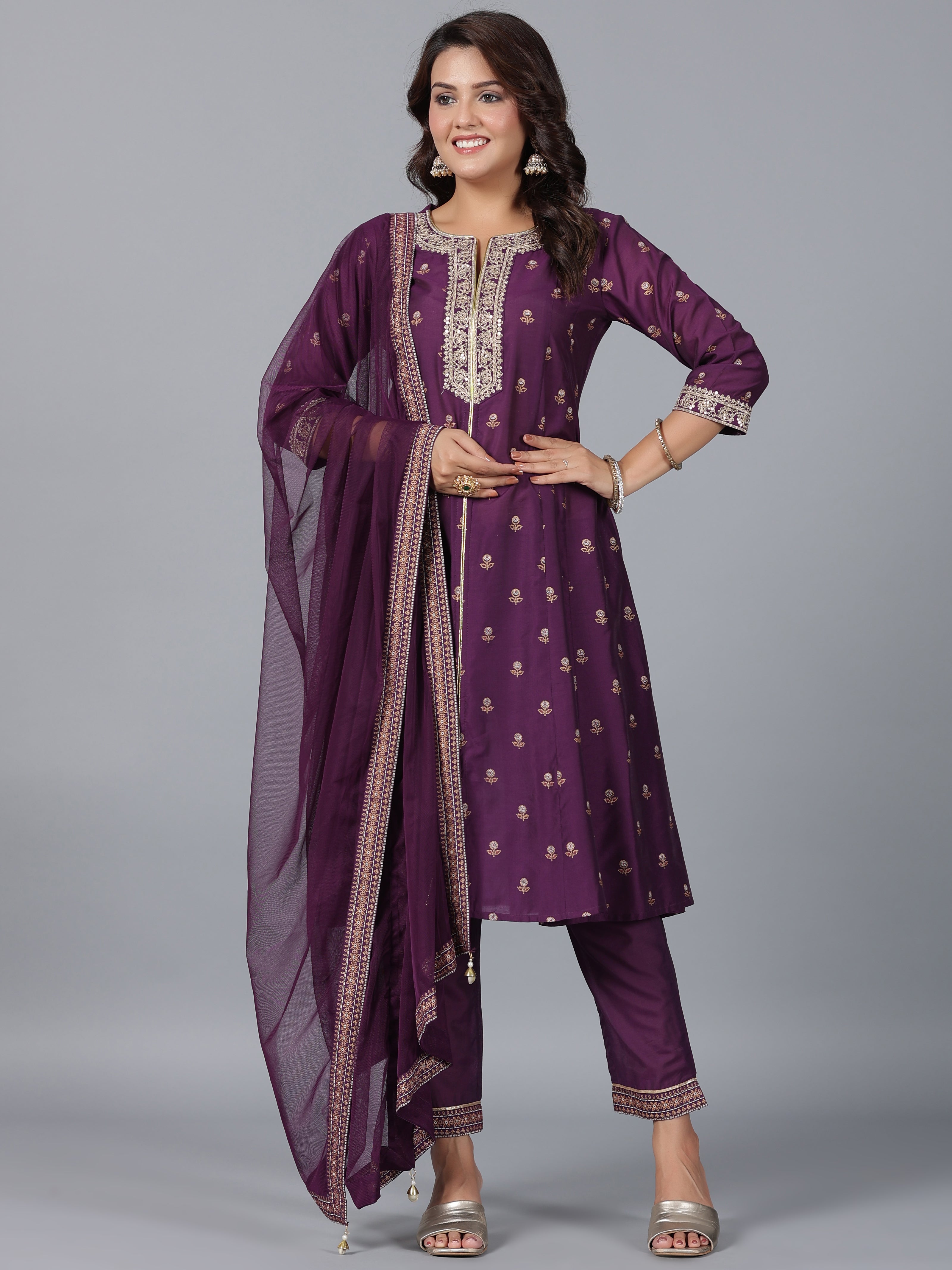 Juniper Women Purple Chanderi Printed with Embroidery Kurta, Pants & Dupatta Sets - Distacart