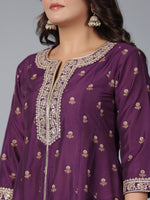 Thumbnail for Juniper Women Purple Chanderi Printed with Embroidery Kurta, Pants & Dupatta Sets - Distacart
