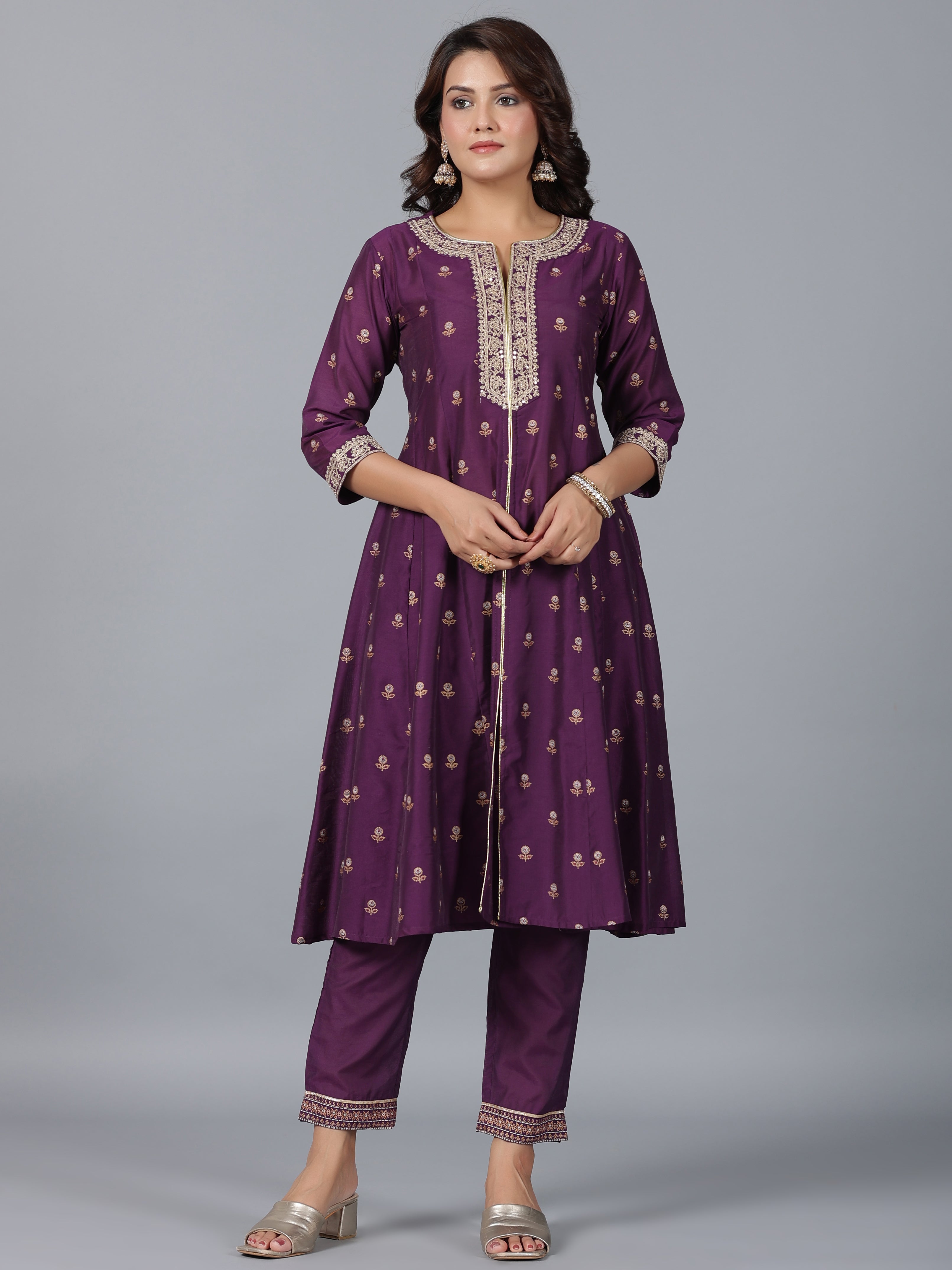Juniper Women Purple Chanderi Printed with Embroidery Kurta, Pants & Dupatta Sets - Distacart