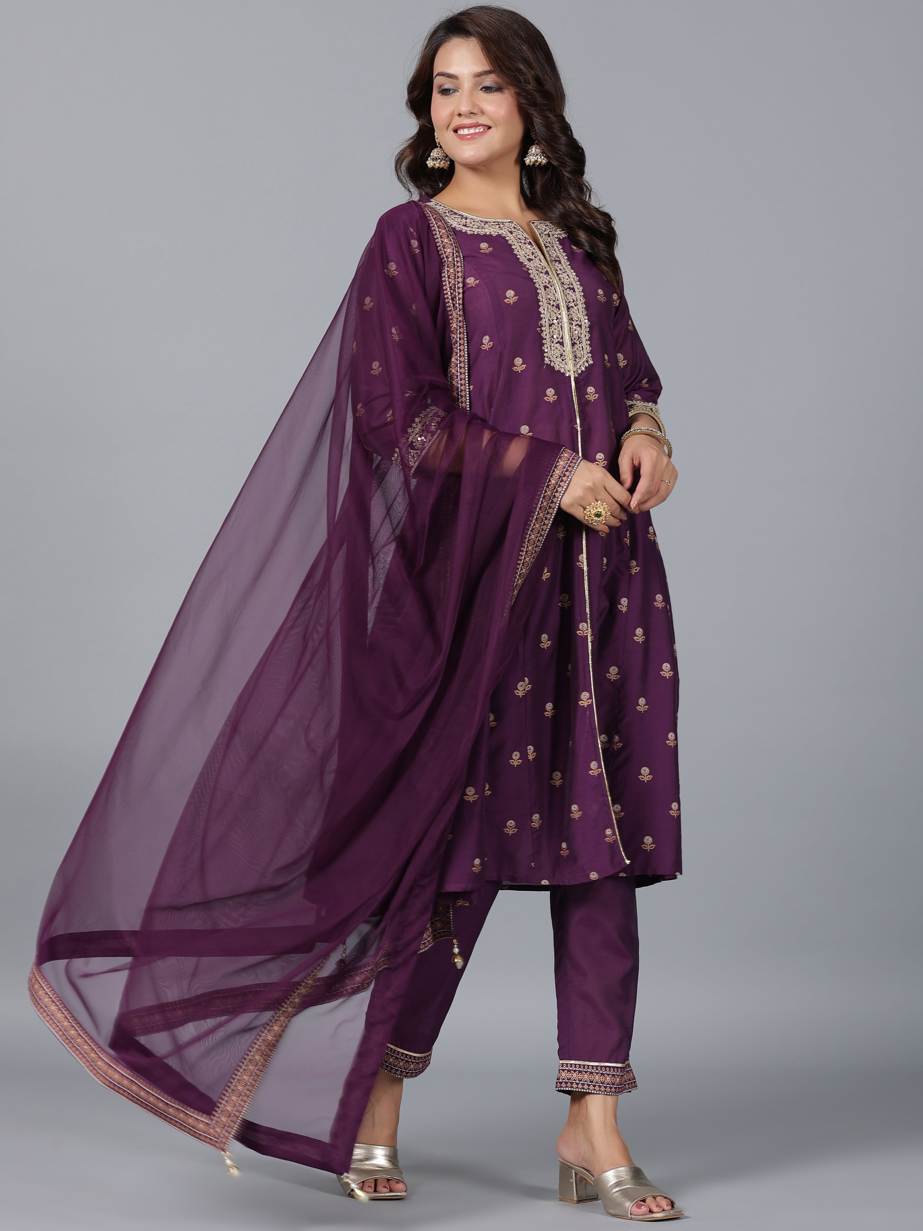 Juniper Women Purple Chanderi Printed with Embroidery Kurta, Pants & Dupatta Sets - Distacart
