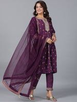 Thumbnail for Juniper Women Purple Chanderi Printed with Embroidery Kurta, Pants & Dupatta Sets - Distacart