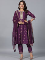 Thumbnail for Juniper Women Purple Chanderi Printed with Embroidery Kurta, Pants & Dupatta Sets - Distacart