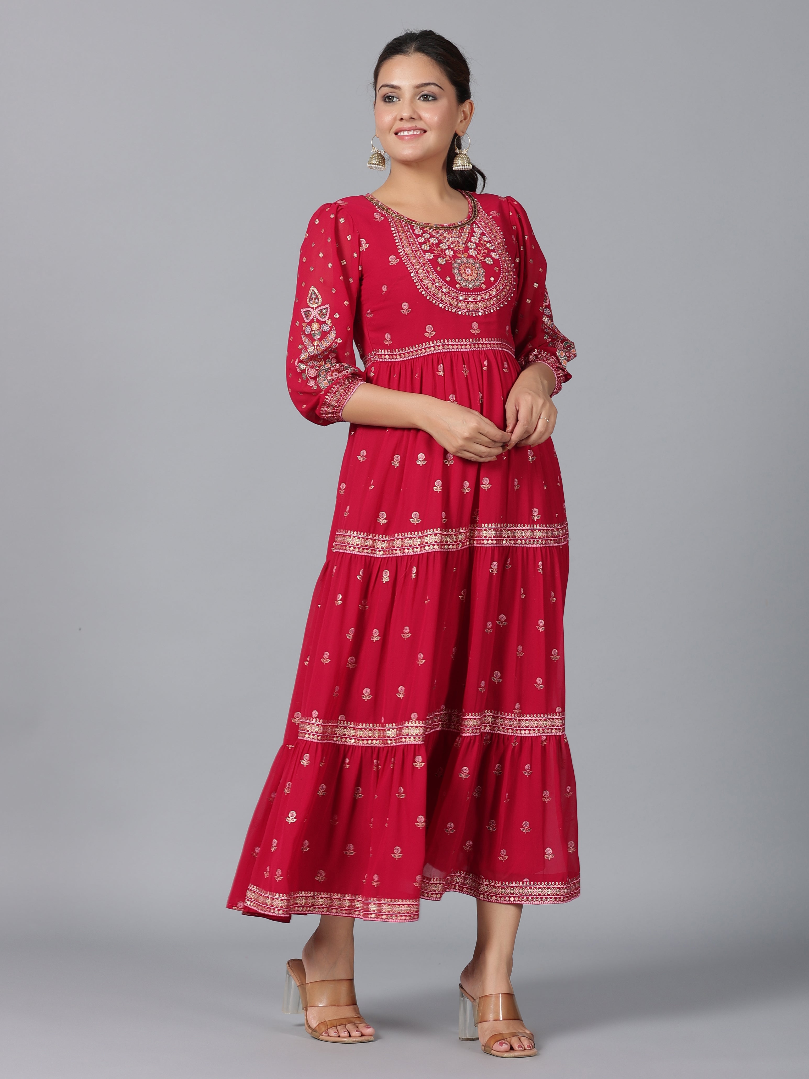 Juniper Women Red Georgette Printed Tiered Maxi Dress - Distacart