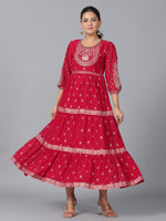 Thumbnail for Juniper Women Red Georgette Printed Tiered Maxi Dress - Distacart