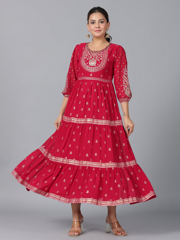 Juniper Women Red Georgette Printed Tiered Maxi Dress - Distacart