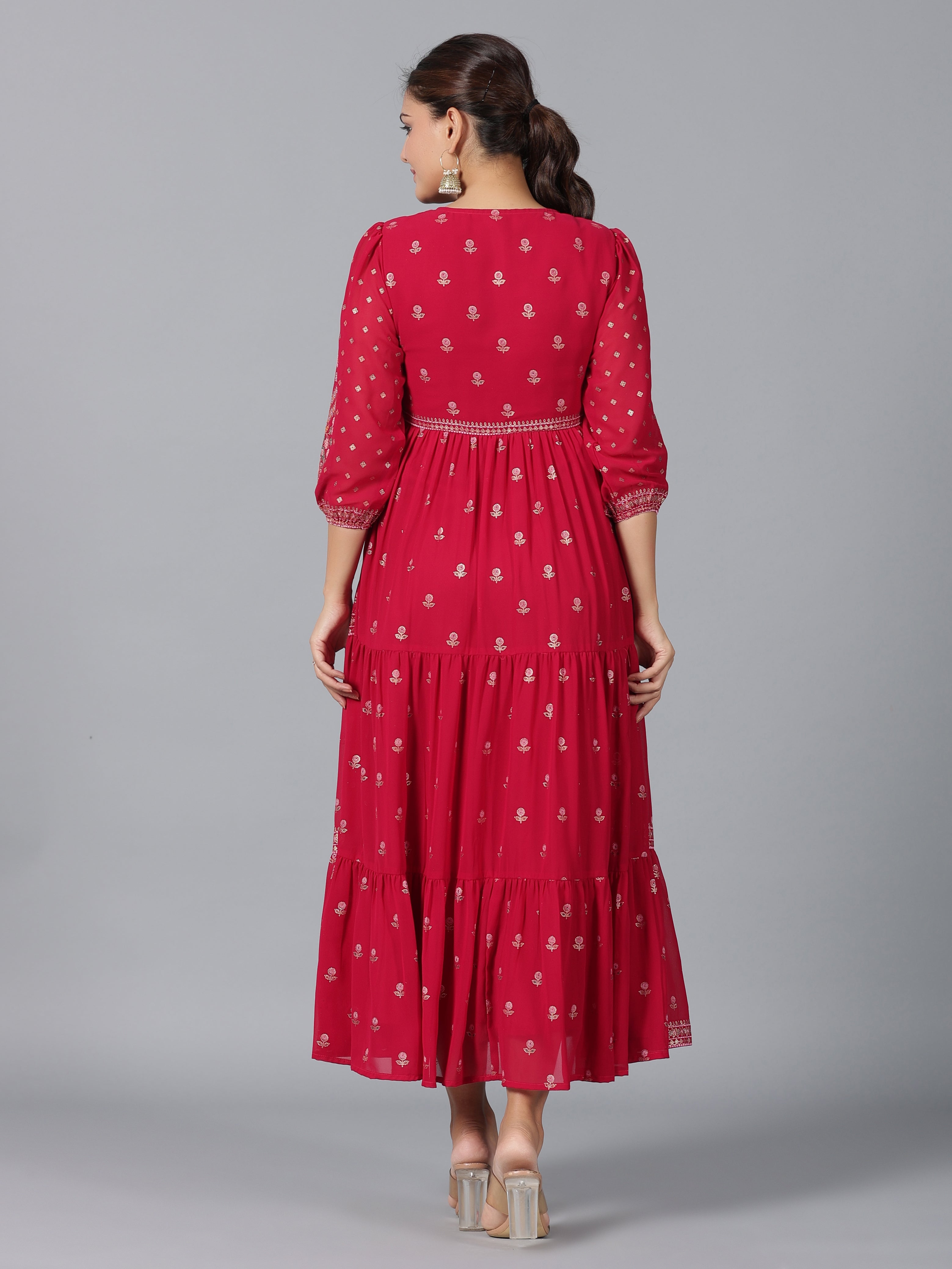 Juniper Women Red Georgette Printed Tiered Maxi Dress - Distacart