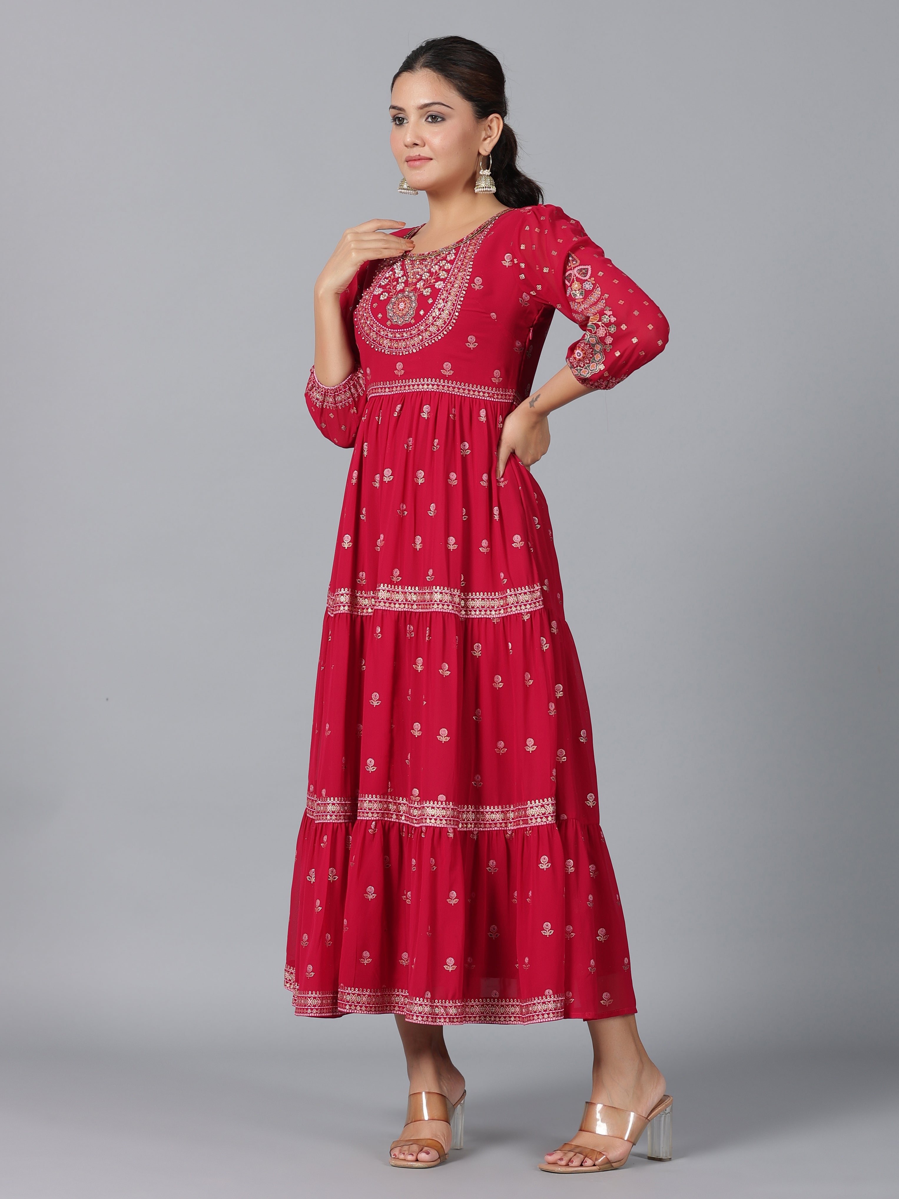 Juniper Women Red Georgette Printed Tiered Maxi Dress - Distacart
