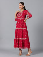 Thumbnail for Juniper Women Red Georgette Printed Tiered Maxi Dress - Distacart