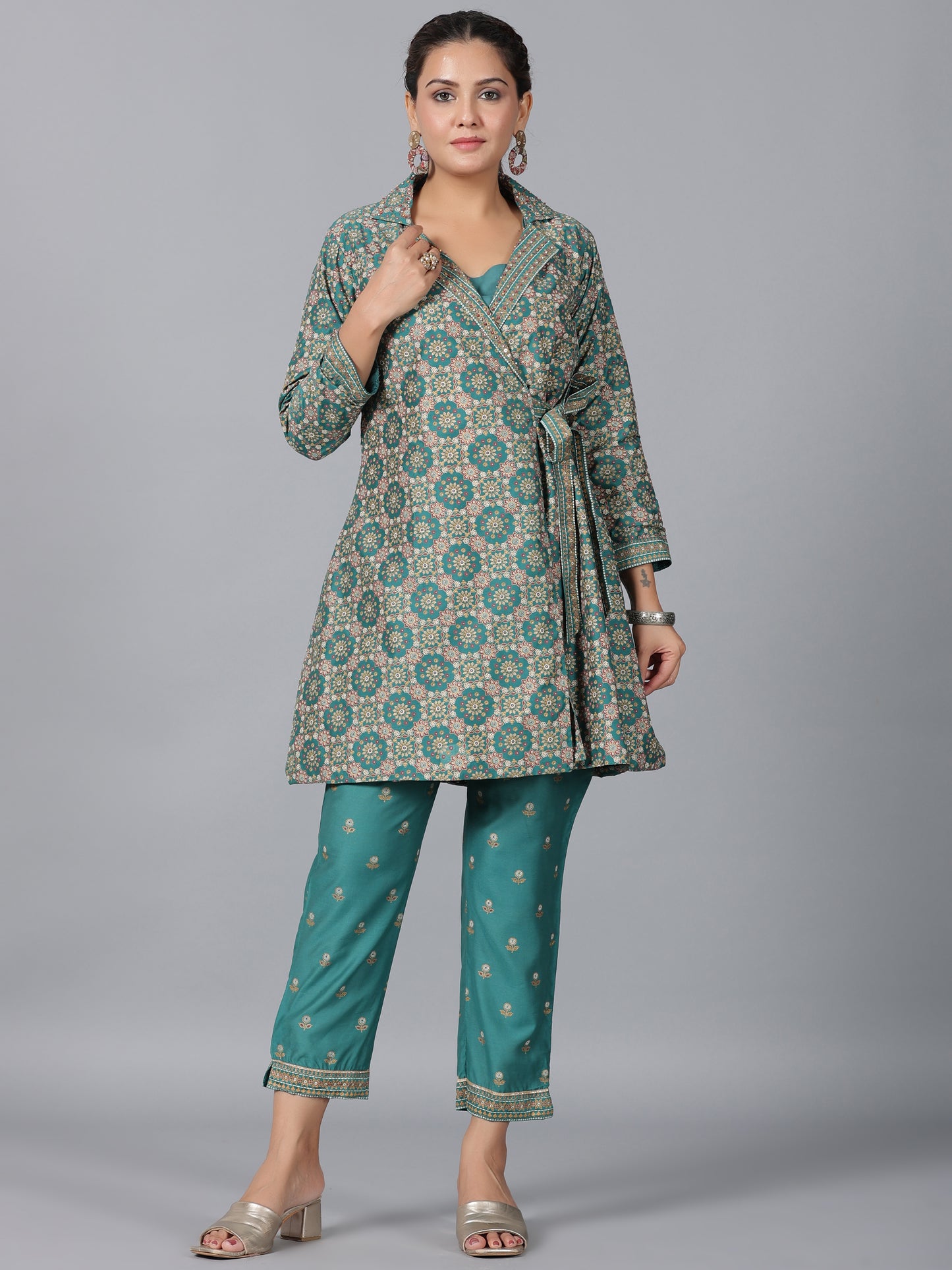 Juniper Women Teal Chanderi Printed Clothing Set - Distacart
