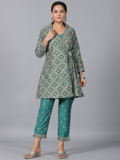 Juniper Women Teal Chanderi Printed Clothing Set - Distacart