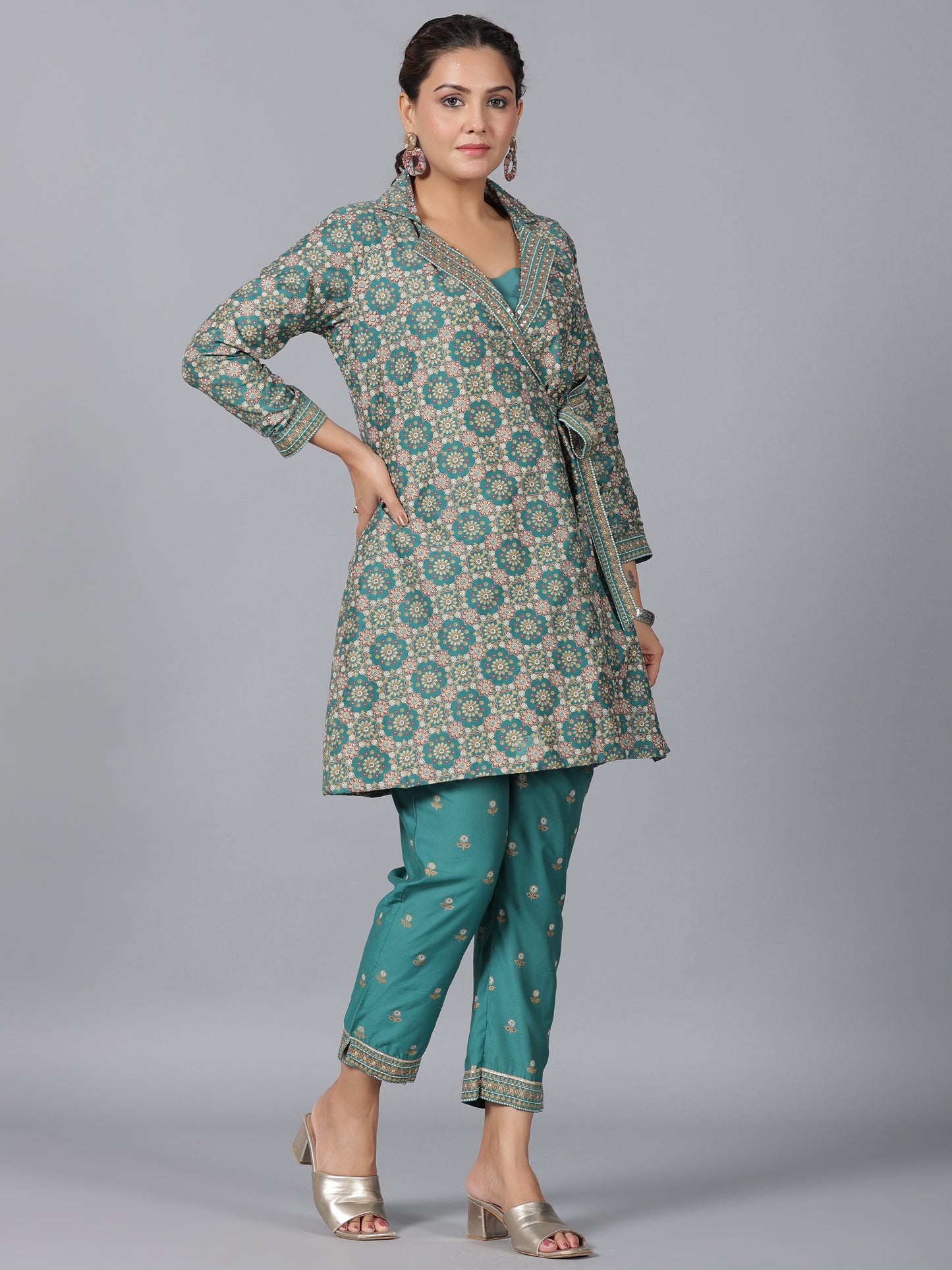 Juniper Women Teal Chanderi Printed Clothing Set - Distacart