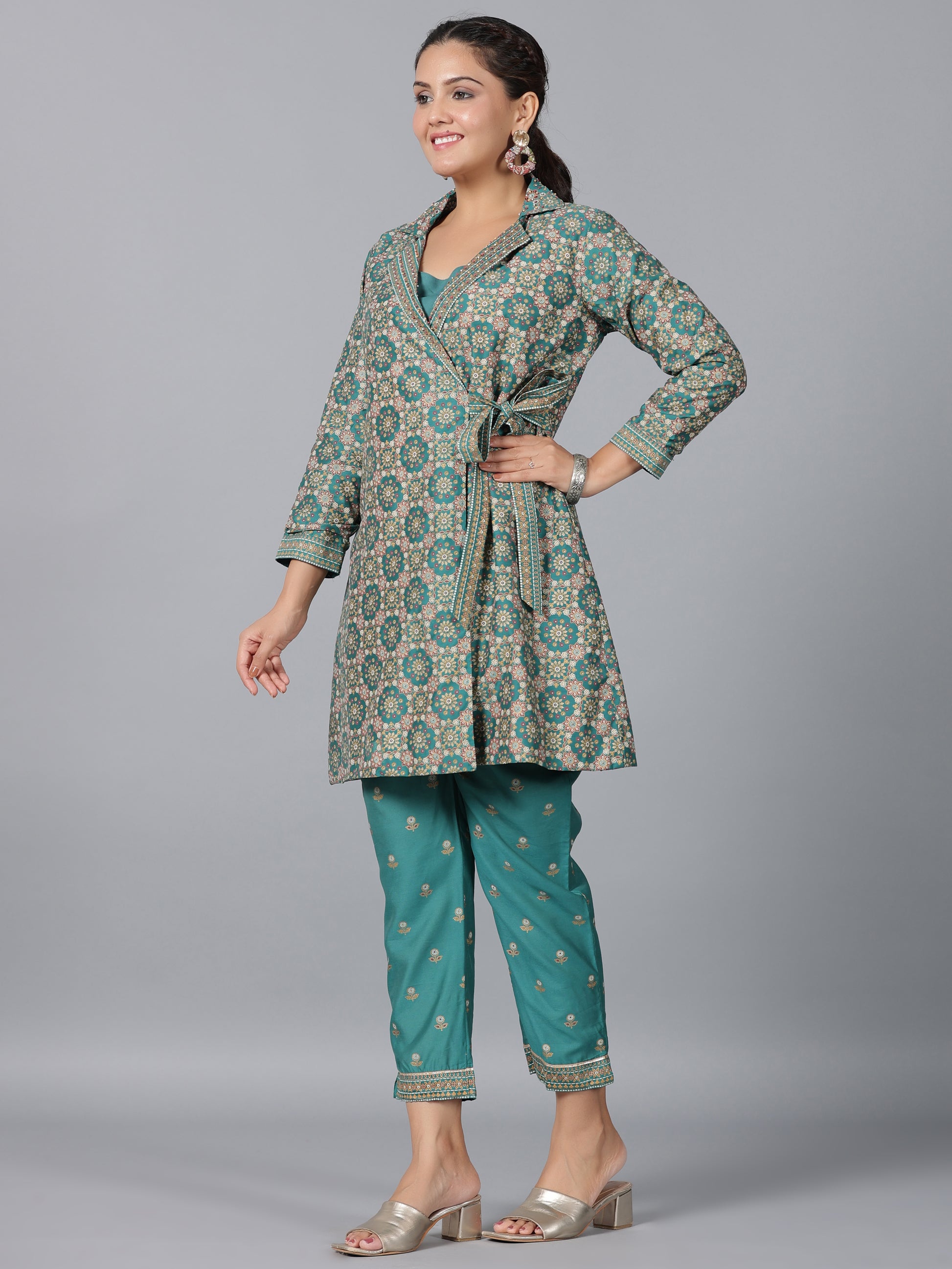Juniper Women Teal Chanderi Printed Clothing Set - Distacart
