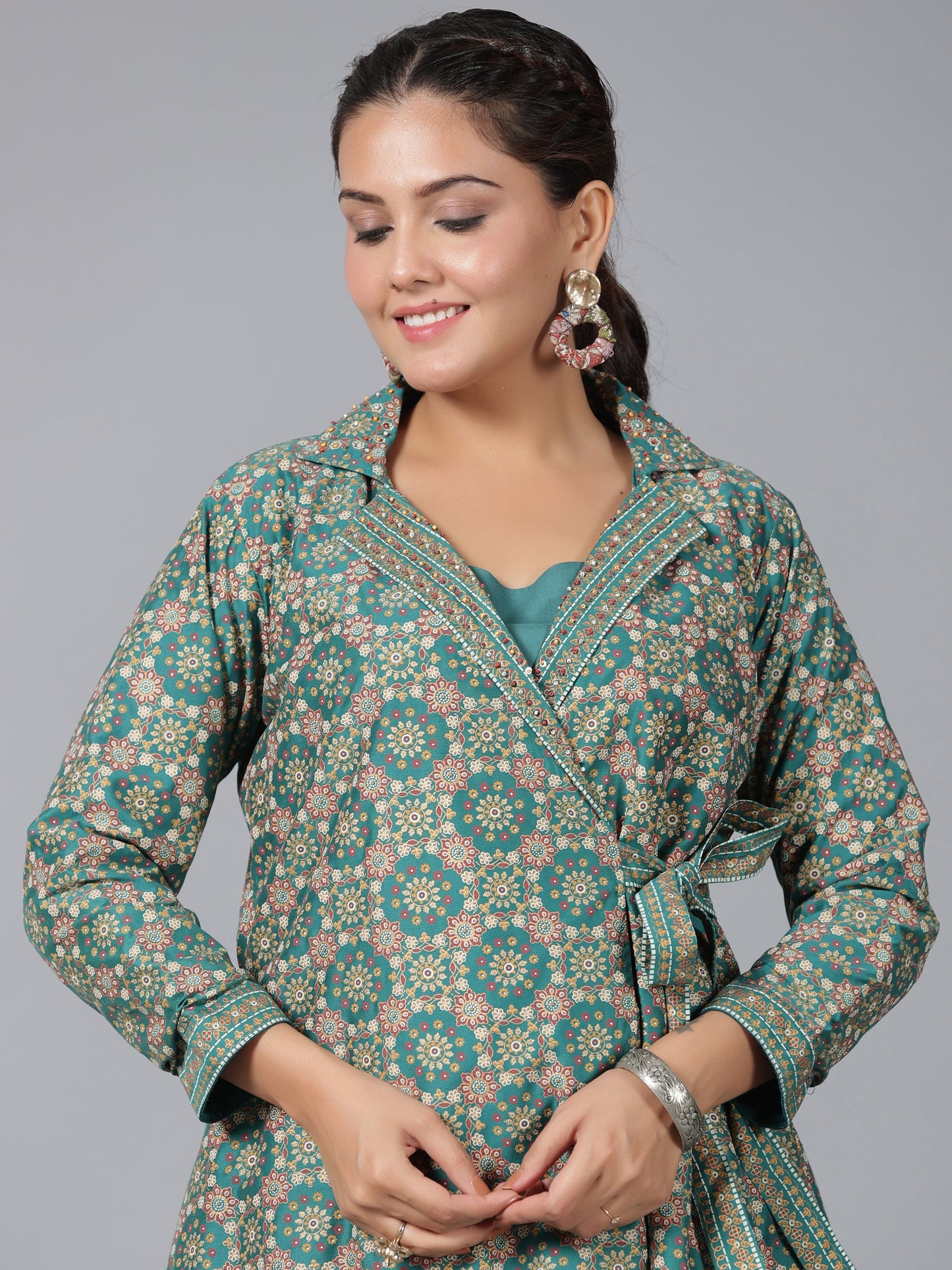 Juniper Women Teal Chanderi Printed Clothing Set - Distacart
