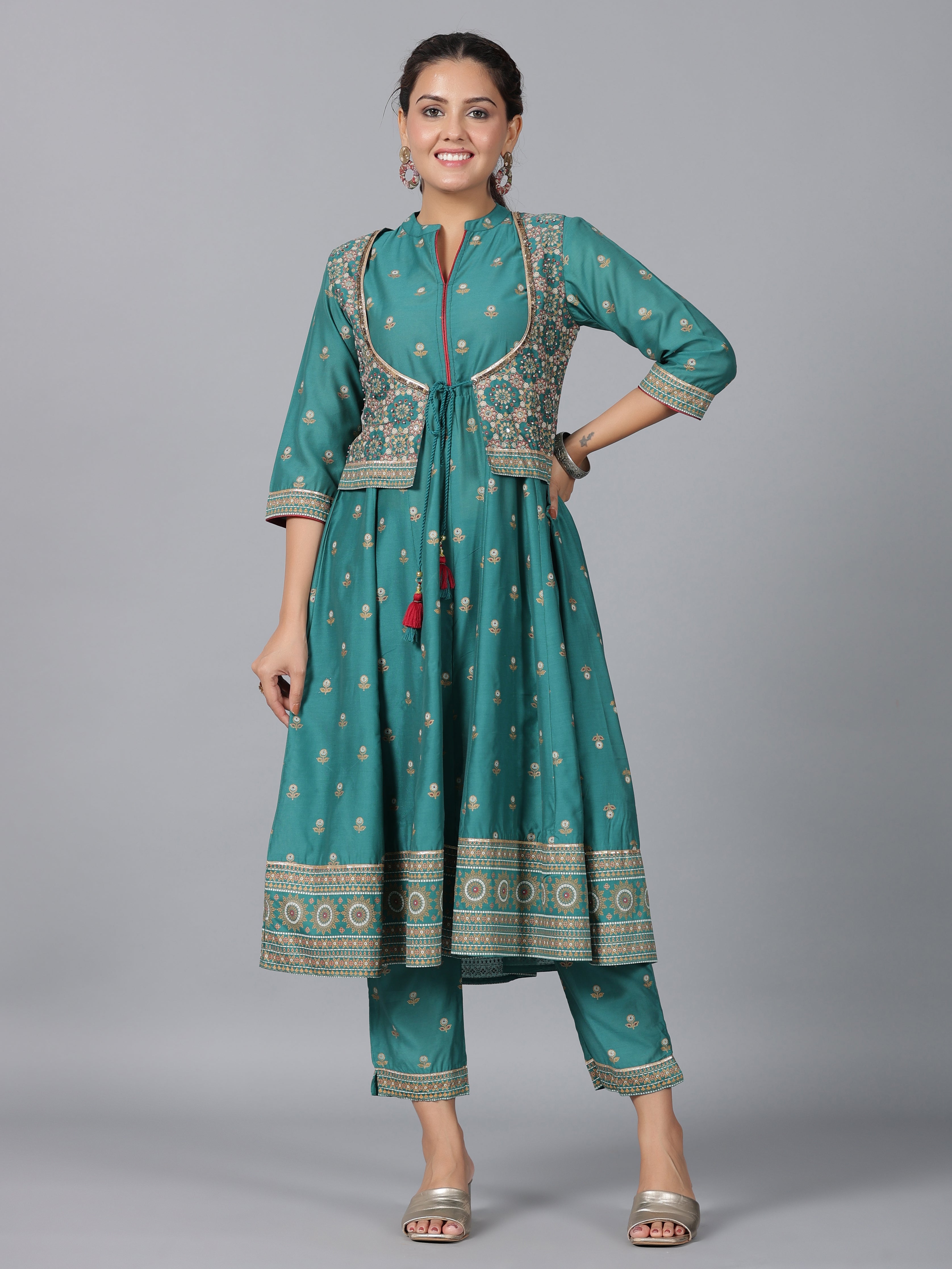 Juniper Women Teal Chanderi Printed Kurta& Pants Set - Distacart