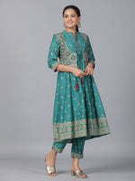 Thumbnail for Juniper Women Teal Chanderi Printed Kurta& Pants Set - Distacart