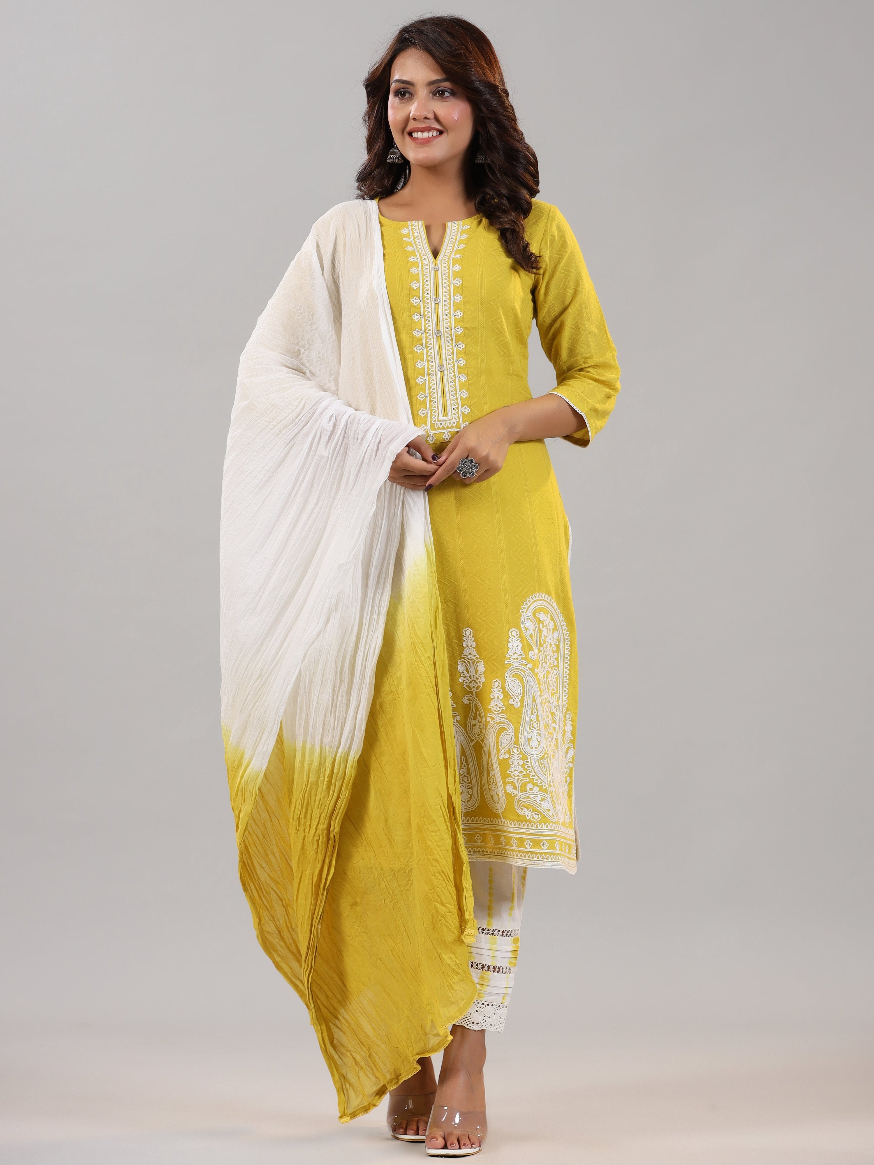 Juniper Women Lime Cotton Dobby Embroidered Kurta, Pants & Dupatta Set - Distacart