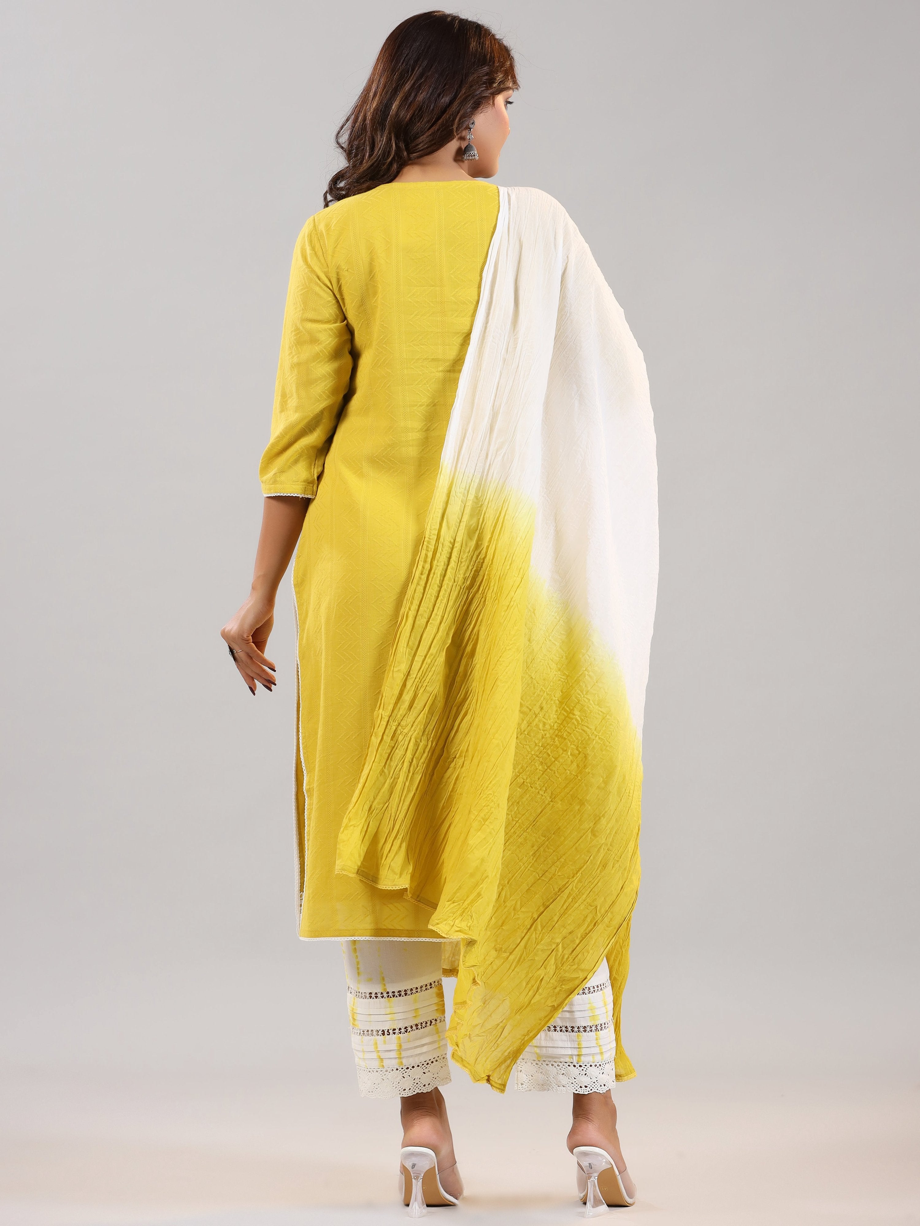 Juniper Women Lime Cotton Dobby Embroidered Kurta, Pants & Dupatta Set - Distacart
