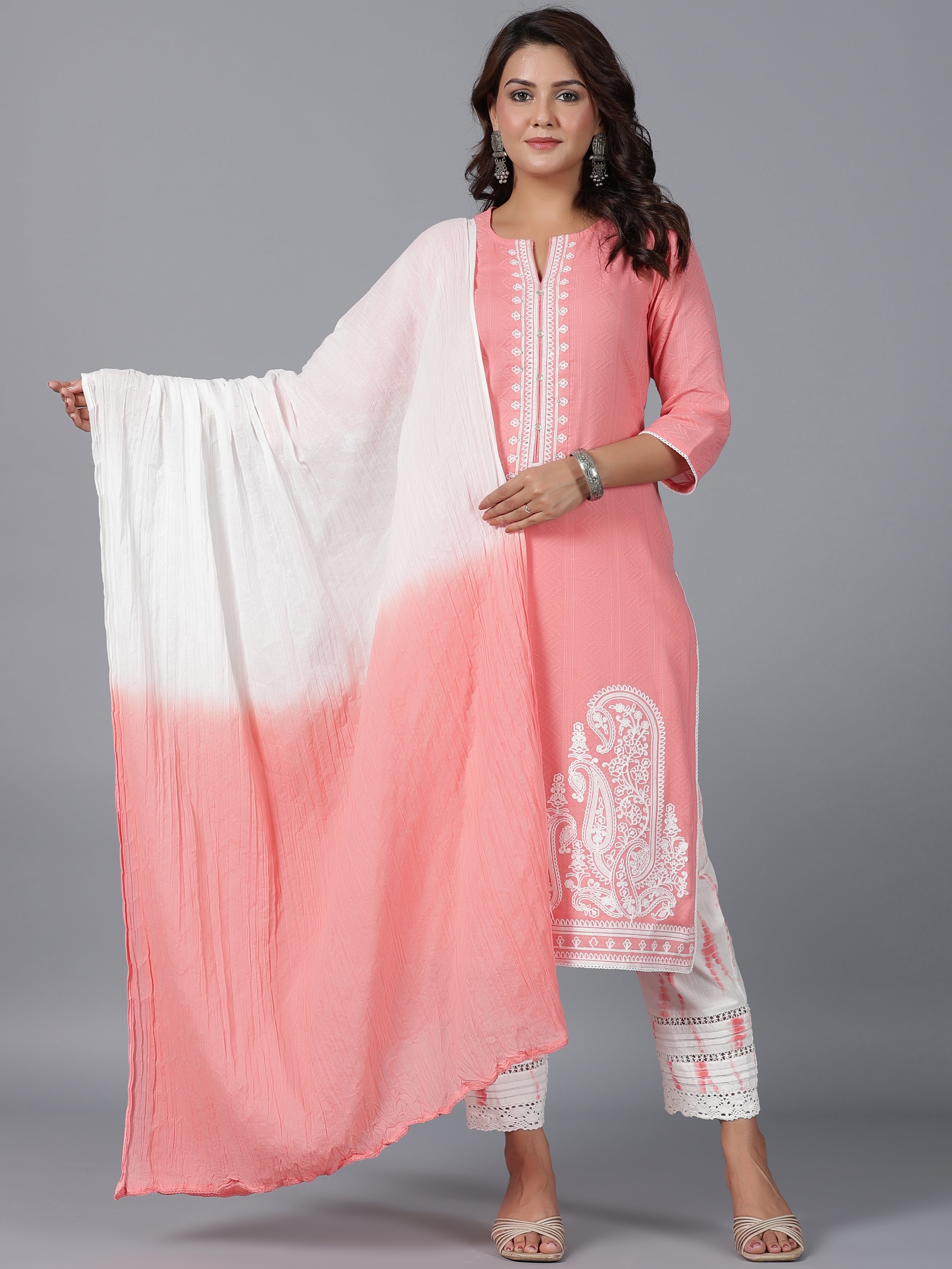 Juniper Women Peach Cotton Dobby Embroidered Kurta, Pants & Dupatta Set - Distacart