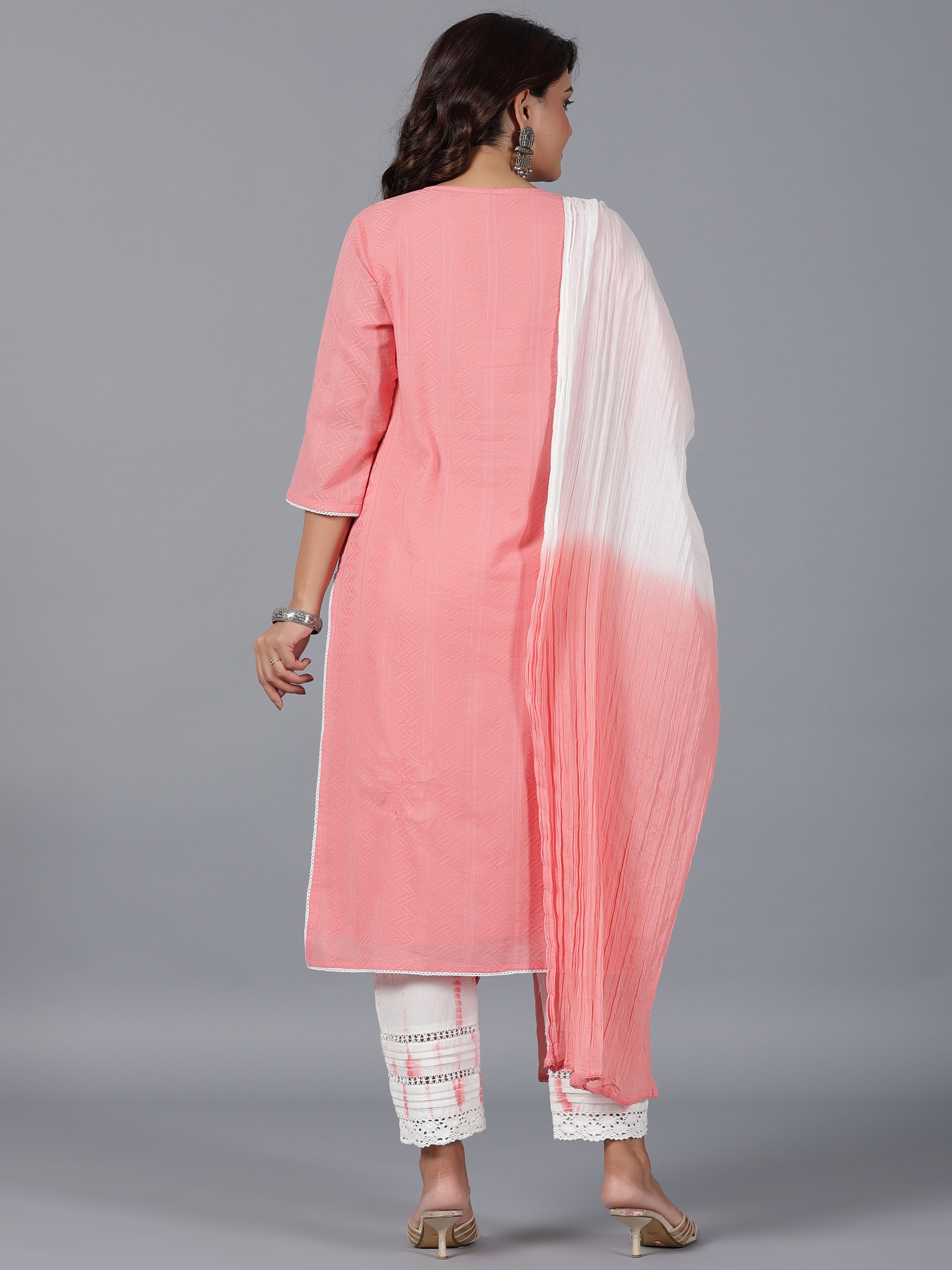 Juniper Women Peach Cotton Dobby Embroidered Kurta, Pants & Dupatta Set - Distacart