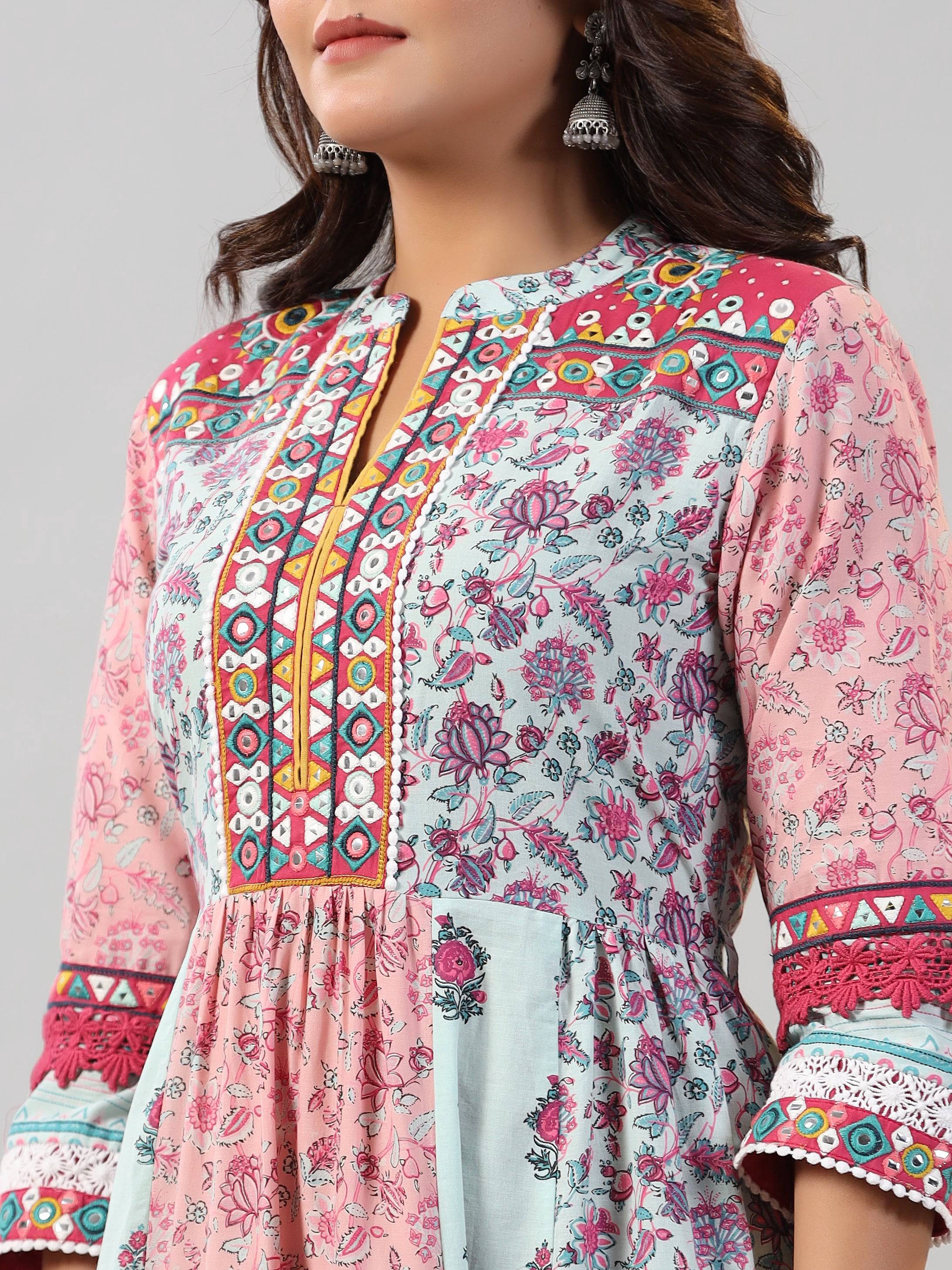 Juniper Women Mint Printed Cotton Kurta & Pants Set - Distacart