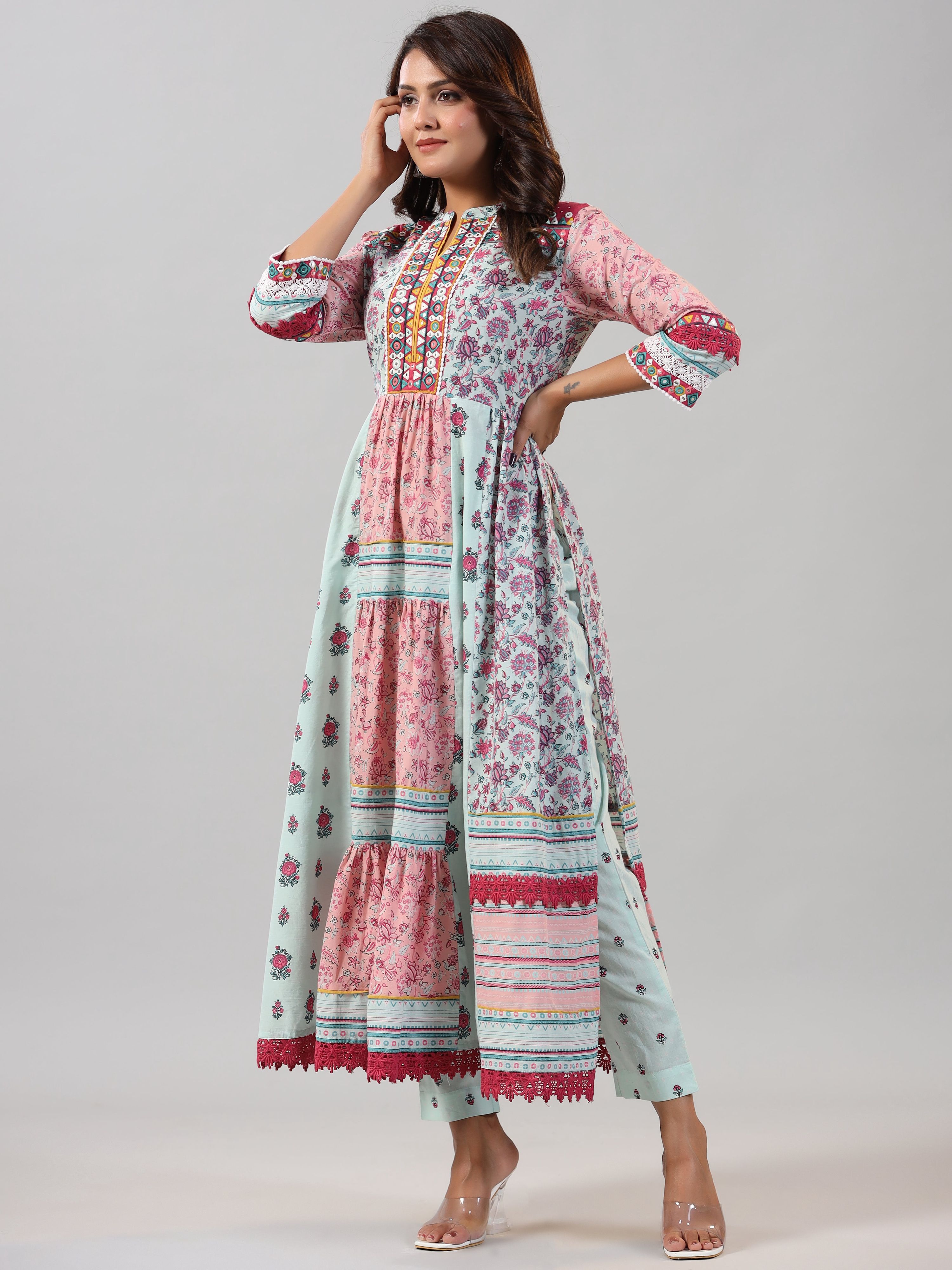 Juniper Women Mint Printed Cotton Kurta & Pants Set - Distacart