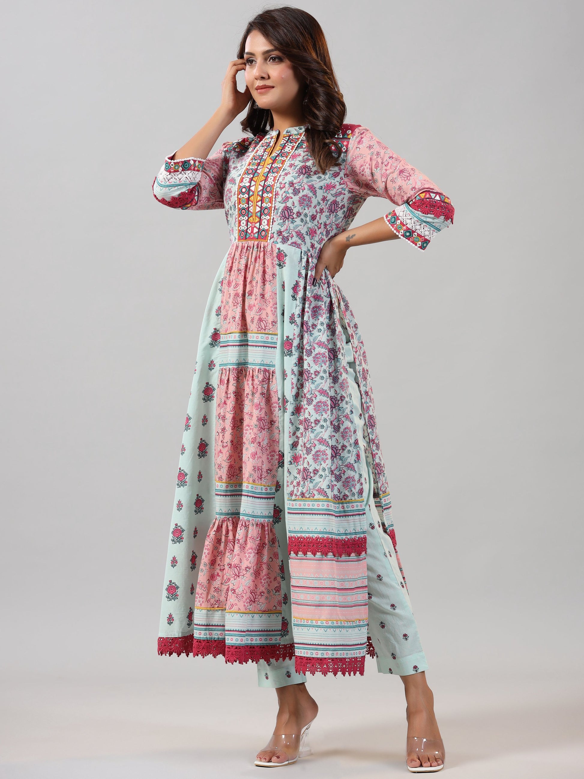 Juniper Women Mint Printed Cotton Kurta & Pants Set - Distacart