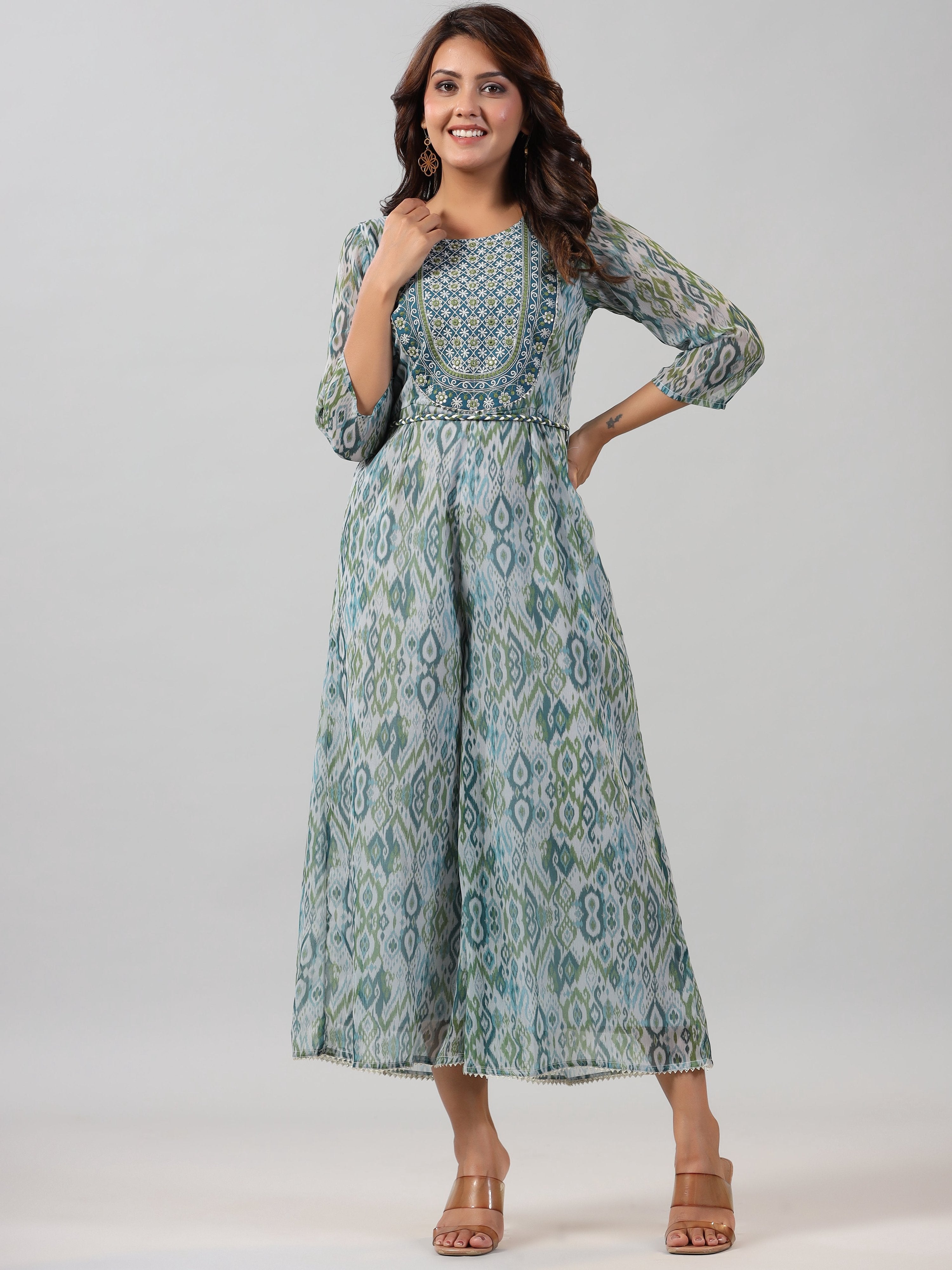 Juniper Women Green Chiffon Printed with Embroidery Jumpsuit - Distacart