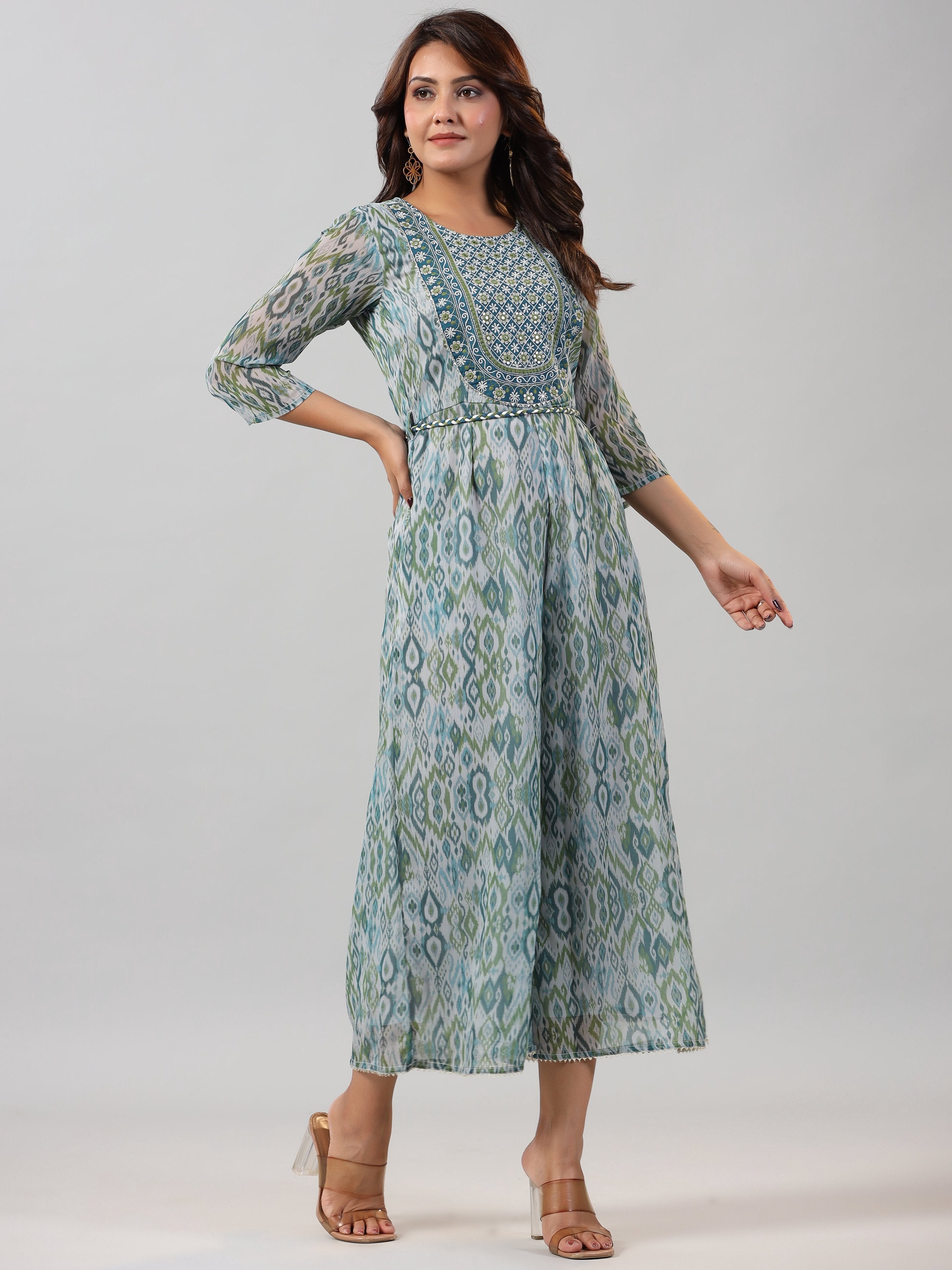 Juniper Women Green Chiffon Printed with Embroidery Jumpsuit - Distacart