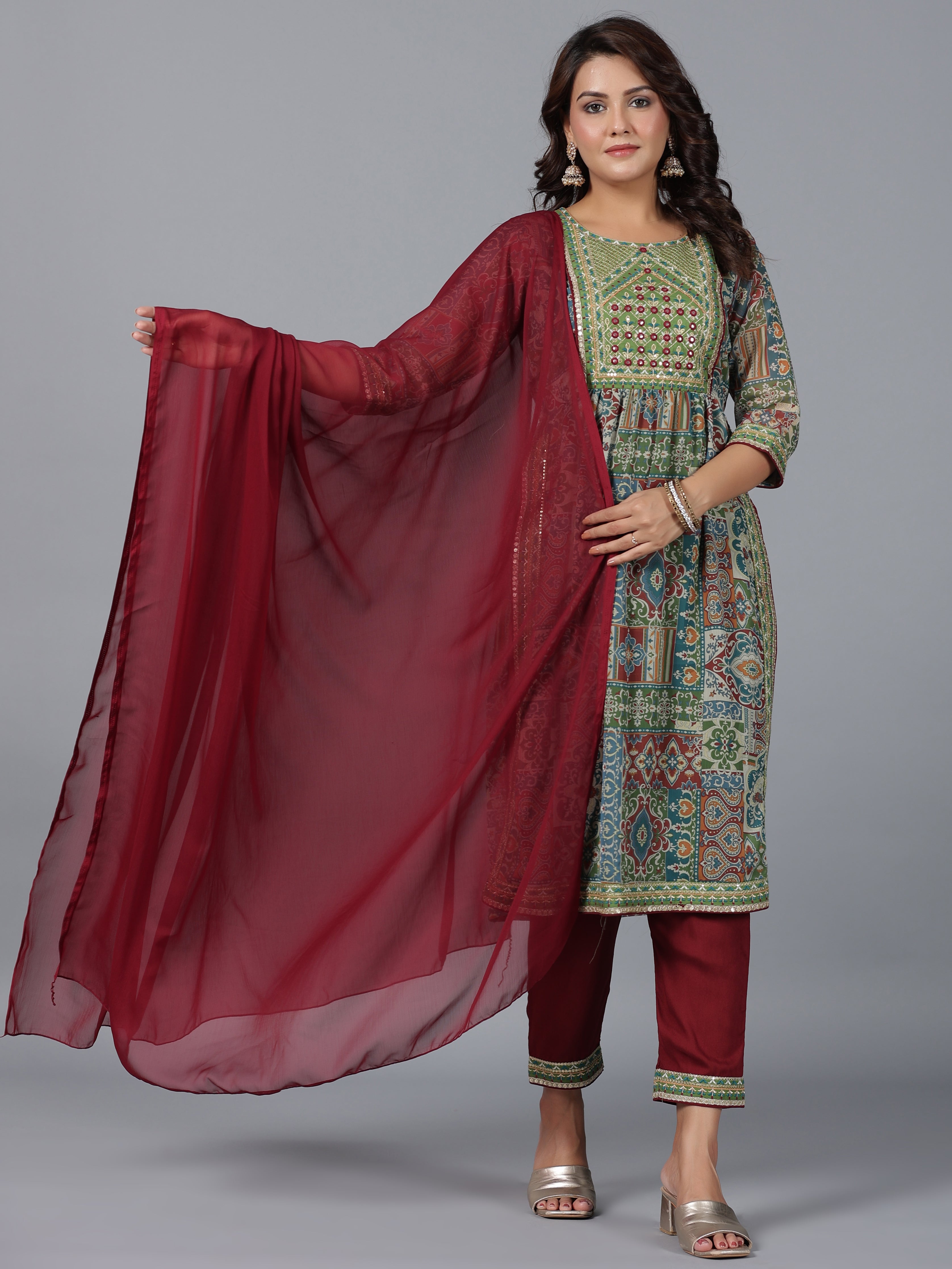 Juniper Women Green Chiffon Printed with Embroidery Kurta, Pants & Dupatta Set - Distacart