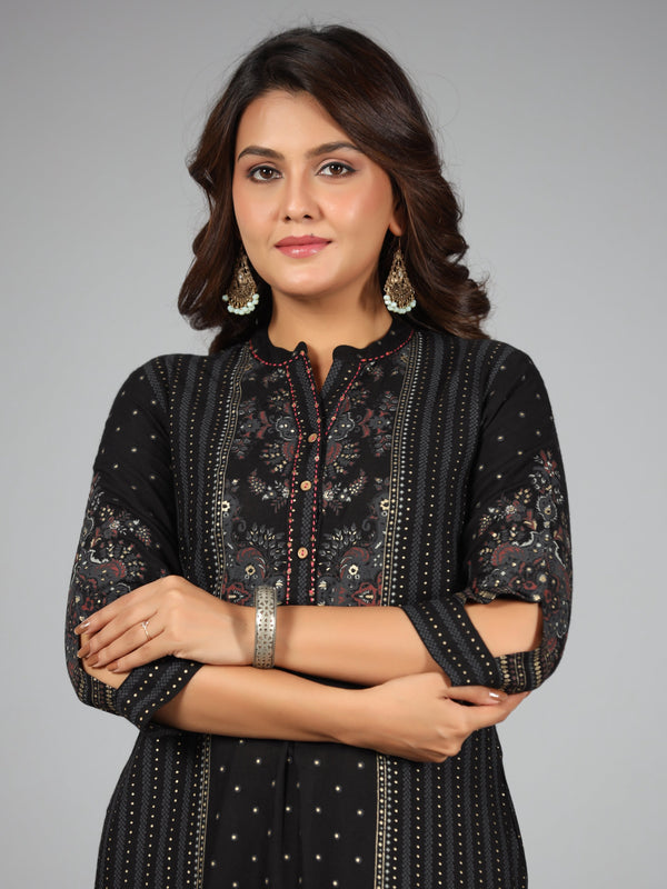 Juniper Women Black Rayon Printed Kurta Pants Set - Distacart