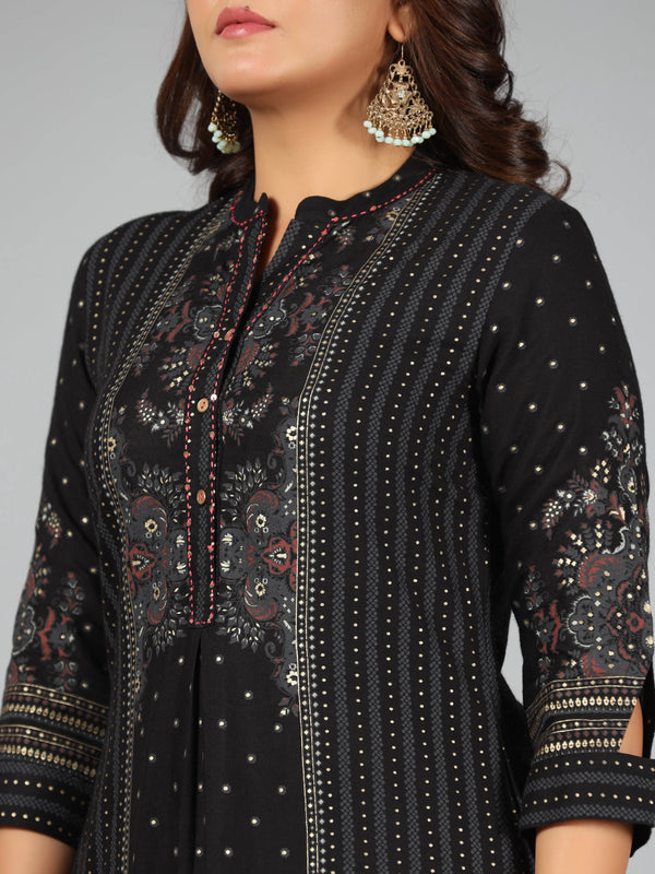 Juniper Women Black Rayon Printed Kurta Pants Set - Distacart